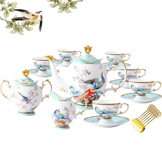 ACMLIFE Fine Bone China Tea Set with Teapot, Porcelain Tea Sets for Adults, 21-Piece Vintage Tea Set for 6, 24K Gold Blue English Floral British Bone China Tea Sets for Women Tea Party for Gifts