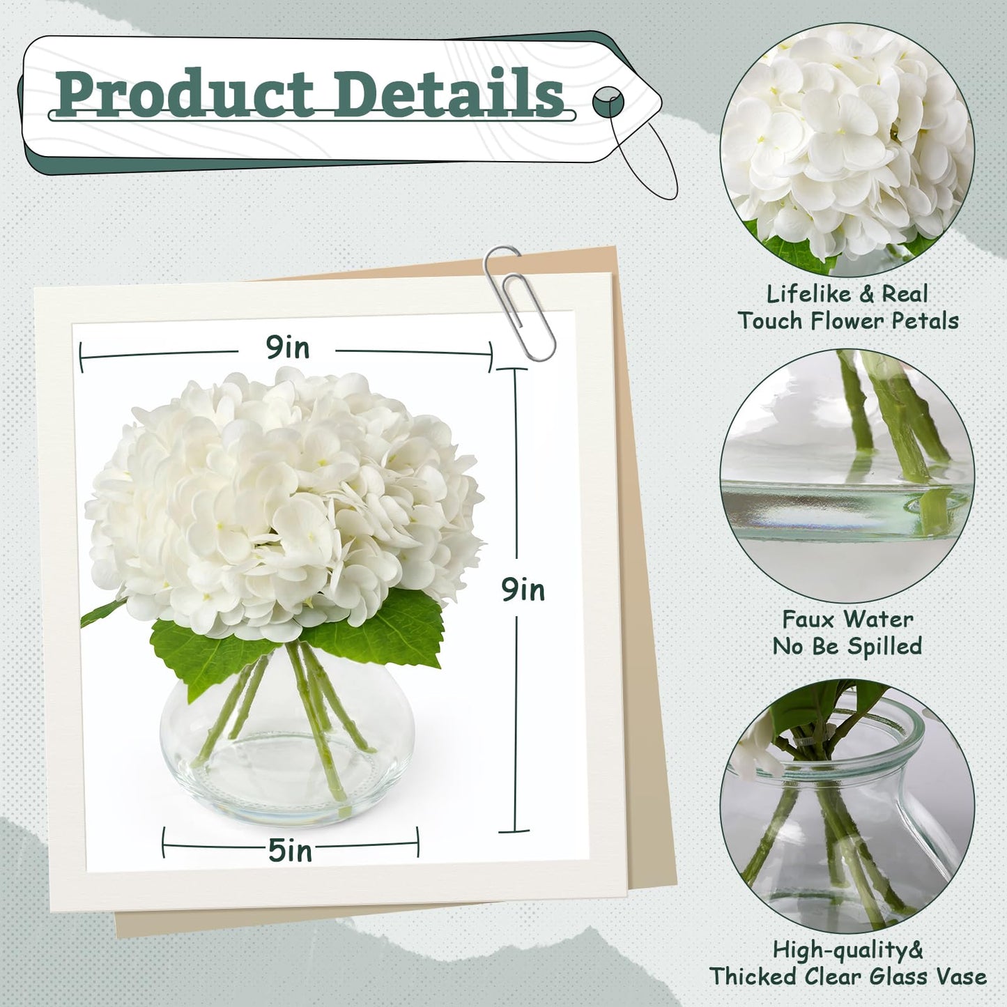 AMORISE Real Touch Artificial Hydrangea in Vase,Premium Faux Flowers with Faux Water for Home Decoration,Coffee,Table,Wedding,White Fake Hydrangea with Vase for DIY Floral Arrangements