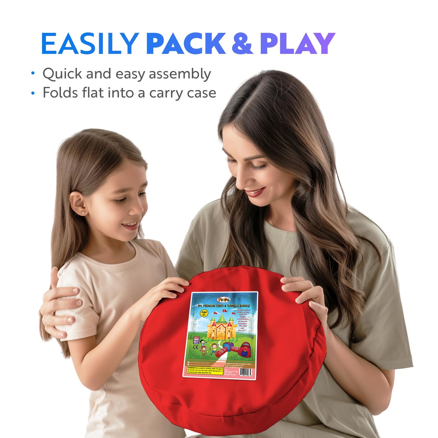 Playz 4pc Pop Up Play Tent and Tunnel Bundle for Toddlers and Kids - Indoor & Outdoor Playhouse with Storage Bag, Red & Blue