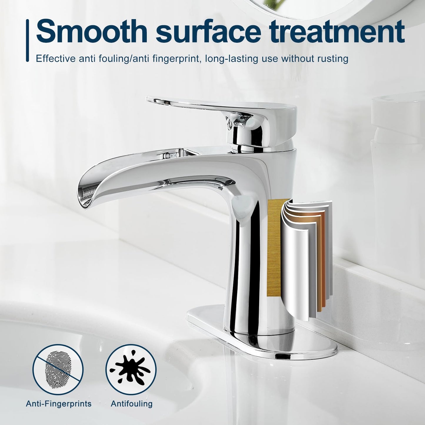 VOTON Chrome Bathroom Faucets Single Handle Waterfall Sink Faucet One Hole or Three Holes with Deck Mount Vanity Farmhouse RV Vessel Basin Faucet
