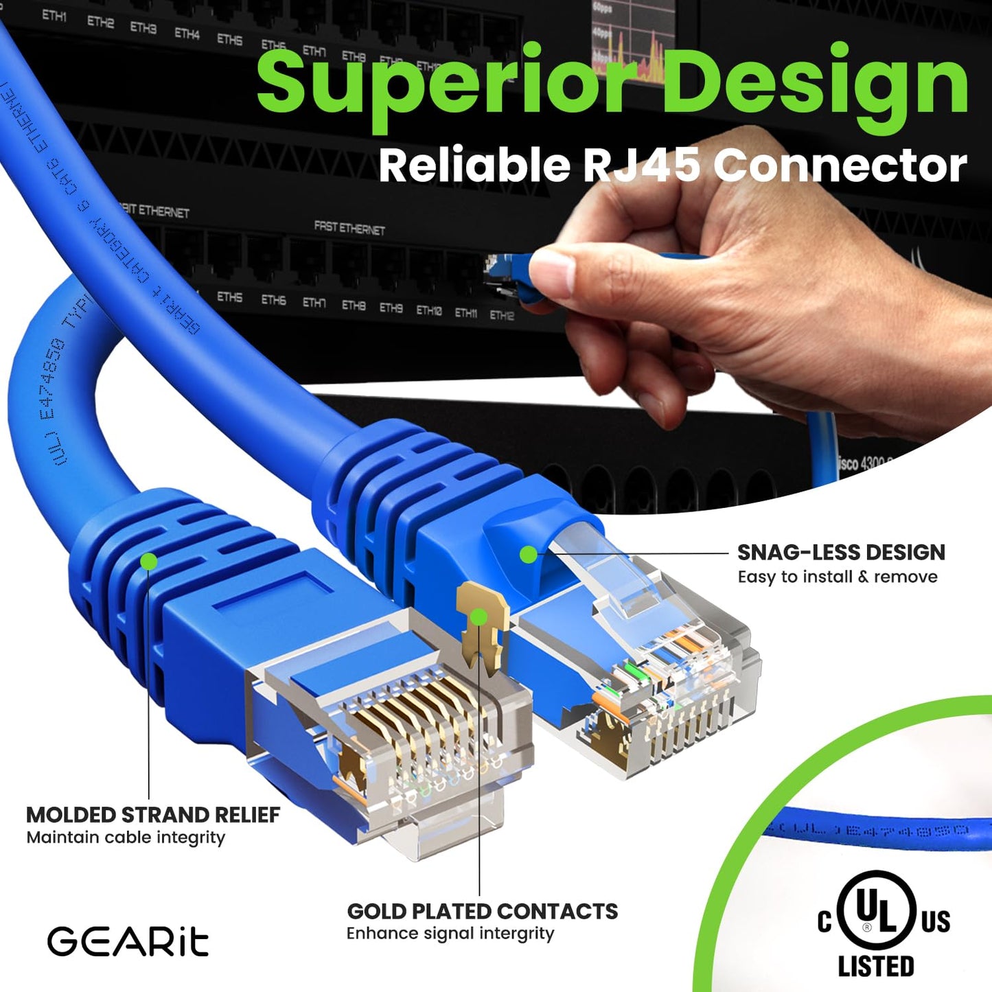 GearIT Cat 6 Ethernet Cable (10-Pack 15 Feet) Cat6 Network Patch, 10Gbps, RJ45, Snagless Cord, Gold-Plated Connectors, Internet for PC, TV, Tablet, Router, Printer, Servers, IT Data Center - Blue