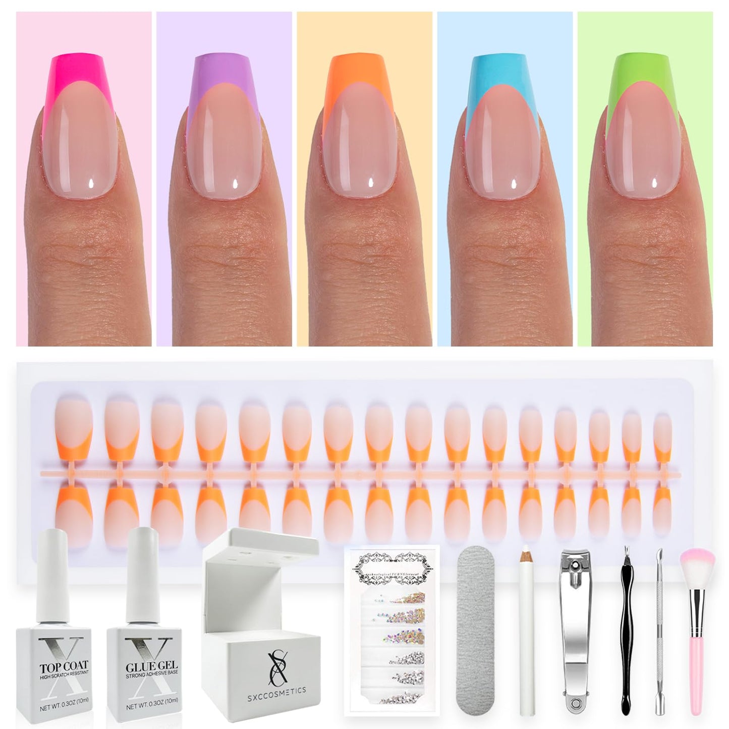 SXC Cosmetics X-Pro Tips French Tip Press On Nails - Bright Pastel Glow in the Dark Series (GLOW119KIT-S Coffin)