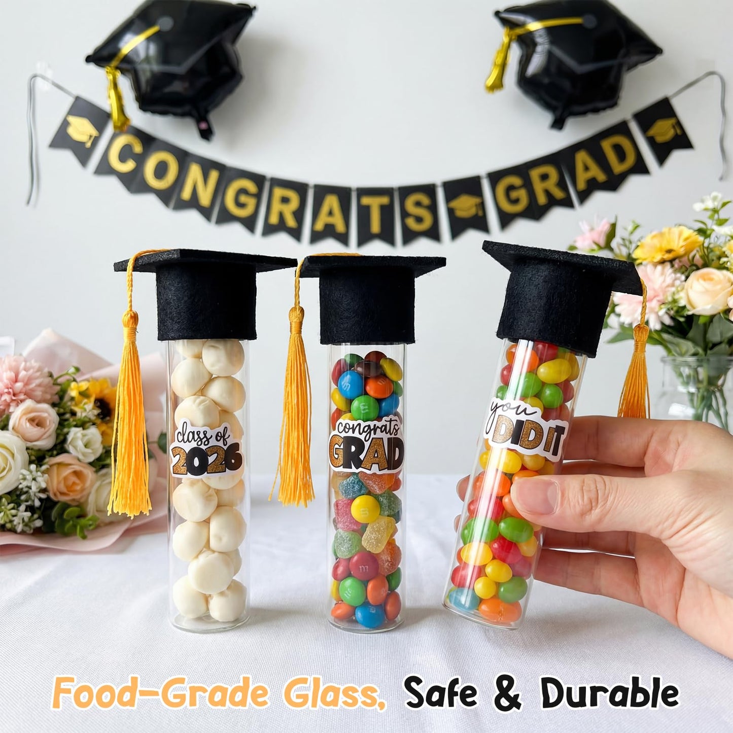 LemonRoad 60 Set 2026 Graduation Candy Tubes Graduation Party Favors Candy Container with Lid Glass Bottles Gold Mini Graduate Caps Decorative Stickers for DIY Class Celebration Table Gift Supplies