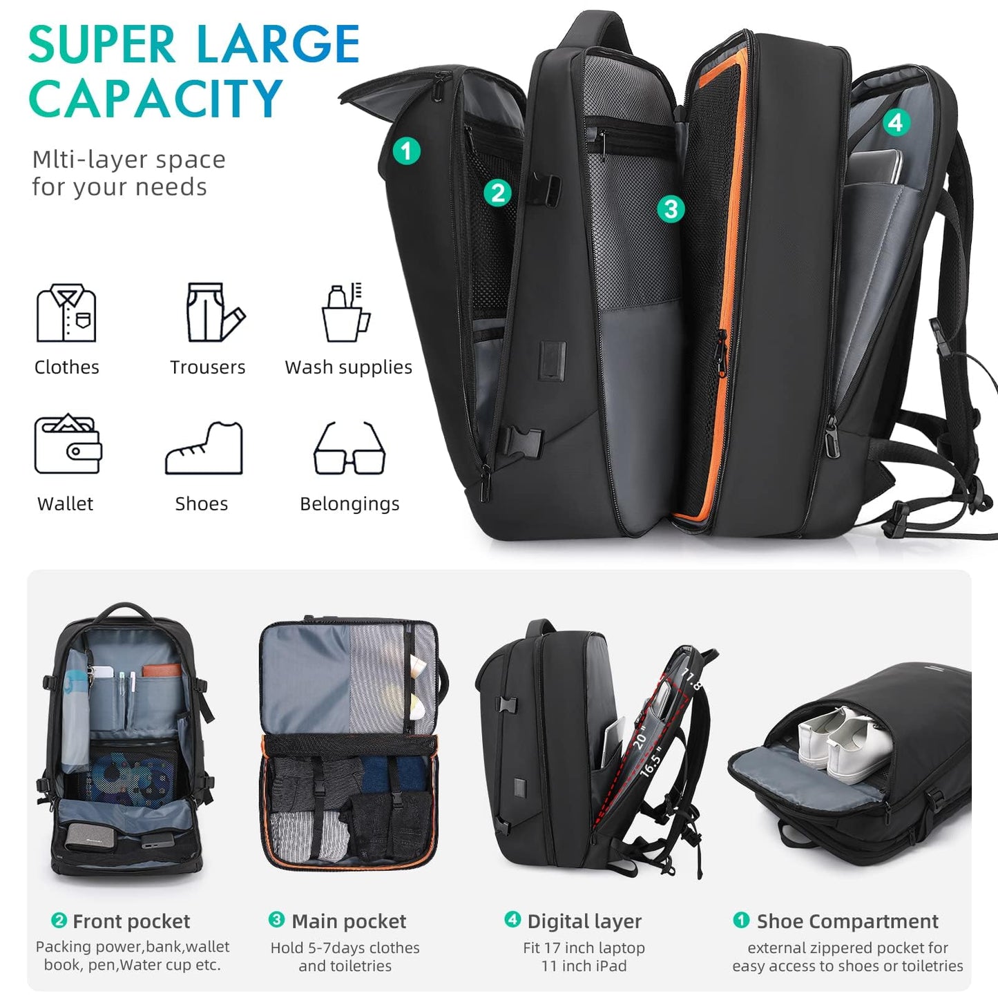 TANGCORLE Travel Carry on Backpack 50L Expandable Flight Approved Backpacks 17.3 inch Laptop and USB Charging Port bags Water Resistant Business Back Pack for Women & Men