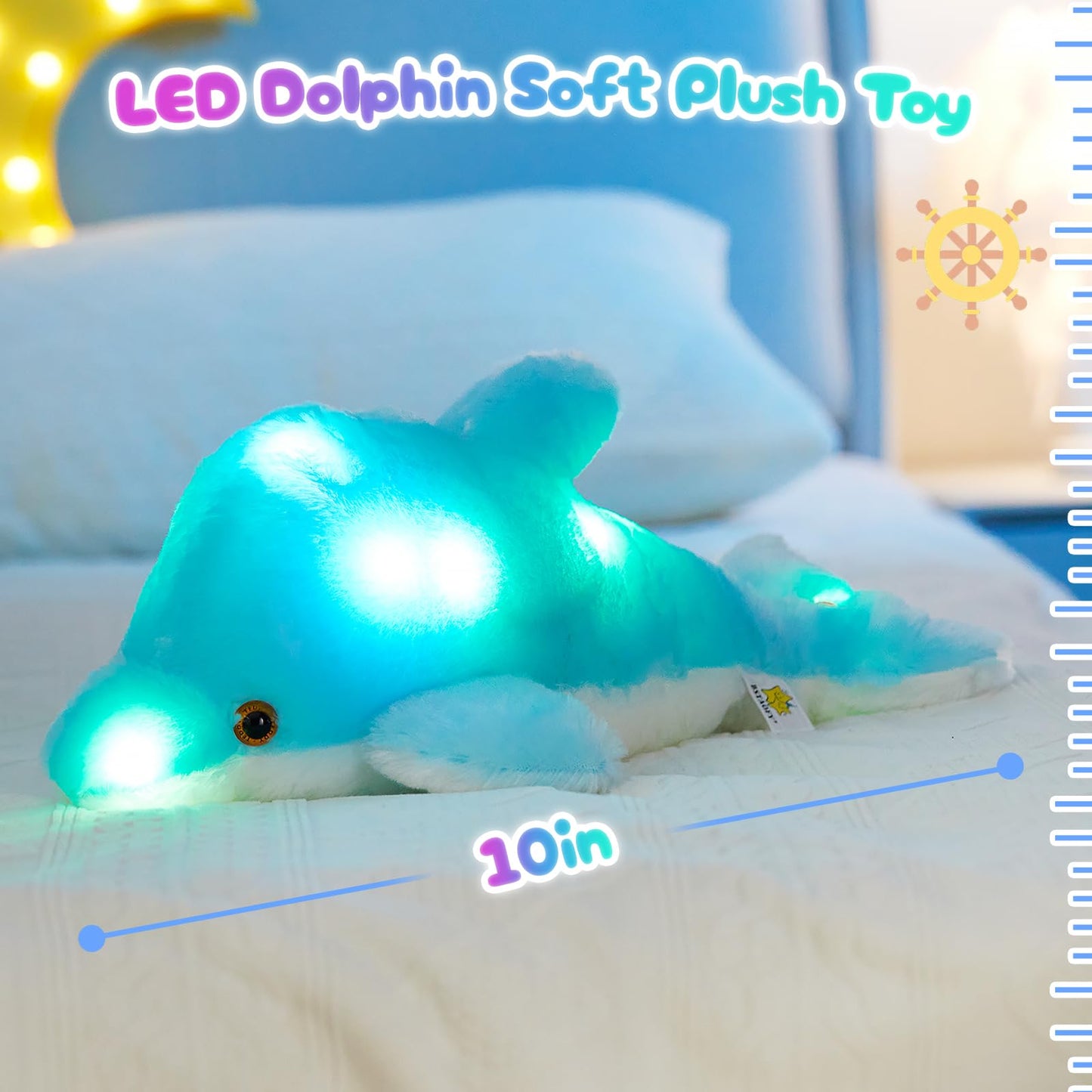 Bstaofy 10''Light up Dolphin Stuffed Animal Night Light Colorful Glowing Dolphin Soft LED Plush Toys Gift for Kids on Christmas Birthday Festivals, Blue