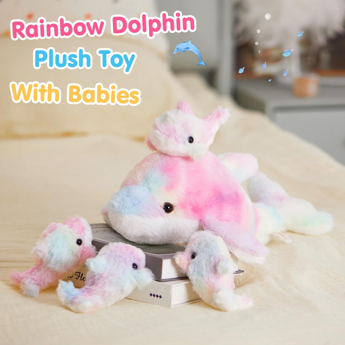 WEWILL 17" Mommy with 4 Babies Rainbow Dolphin Stuffed Animals with Babies Soft Cuddly Colorful Plush Toy Christmas Birthday Gifts for Boys Girls Kids