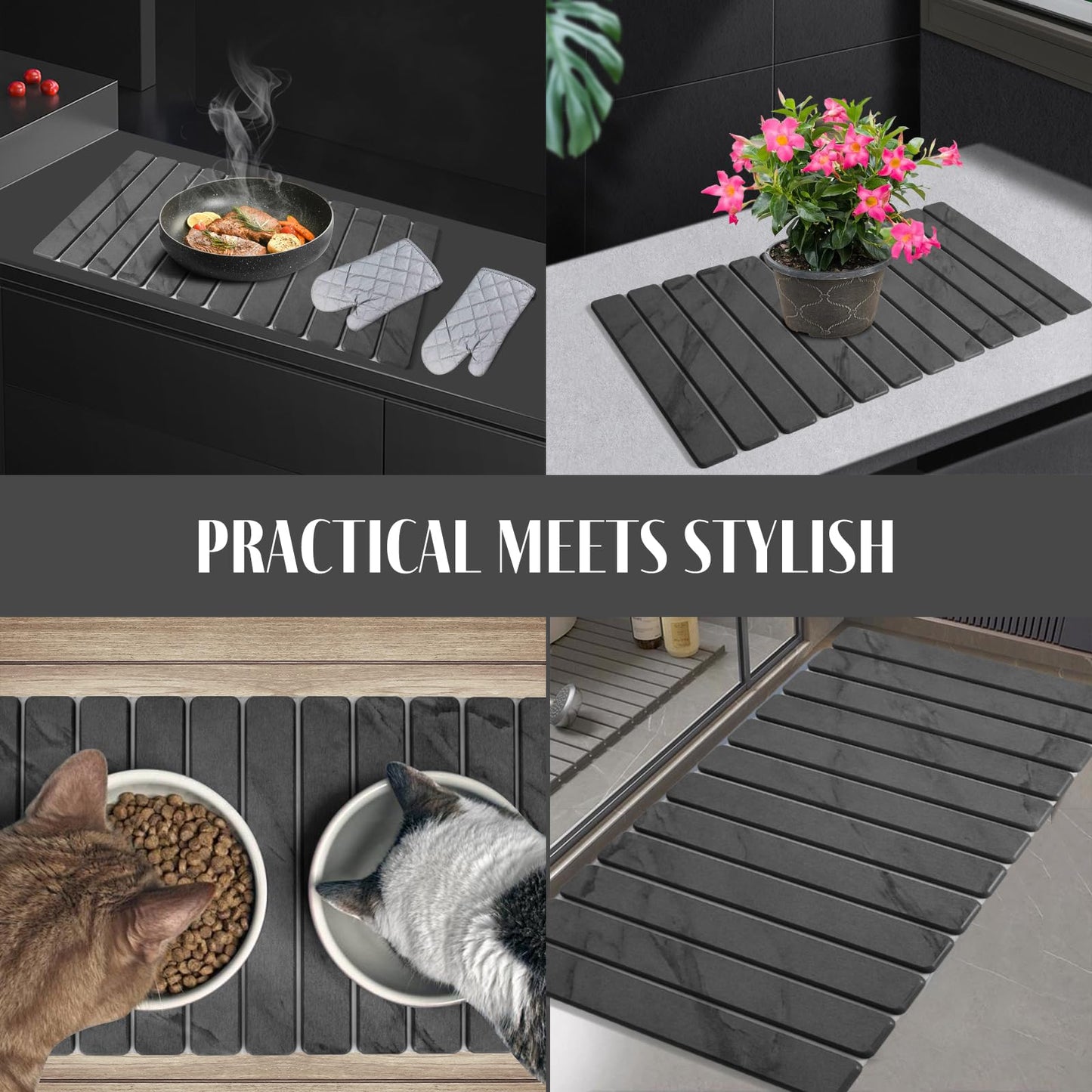 2 PCS Extra Large Stone Dish Drying Mat for Kitchen Counter, 28"×16" Marble Dish Drying Mat with 8"x 4" Coasters, Non - Slip Collapsible Absorbent Stone Dish Drying Mat for Multi - Purpose