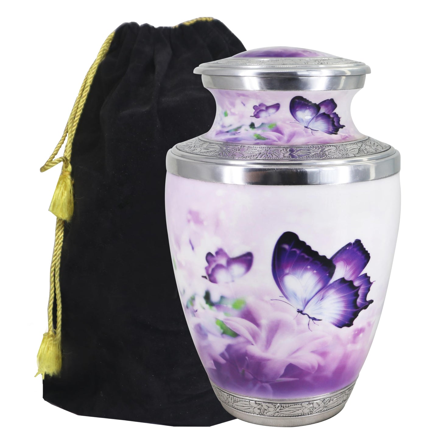M MEILINXU Urn for Ashes for Woman & Men, Cremation Urns for Human Ashes Adult Female and Male, Burial Urn with Butterflies, Decorative Urns for Funeral, Purple Butterfly and Flowers - Large