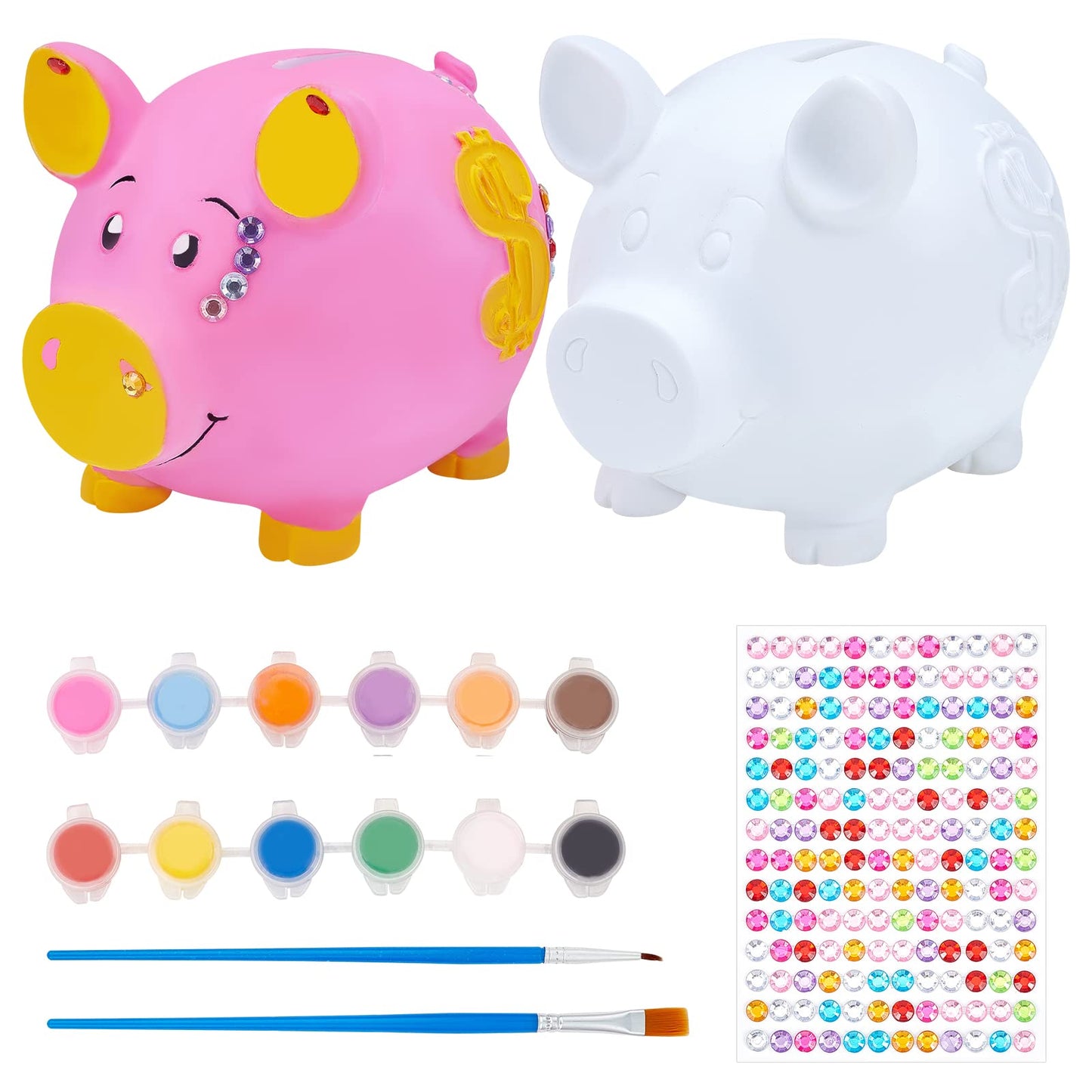 WEBEEDY Paint 2 Unbreakable Piggy Banks Money Box Craft Kit with 2 Paintbrushes, 12 Paint Colors and Stickers