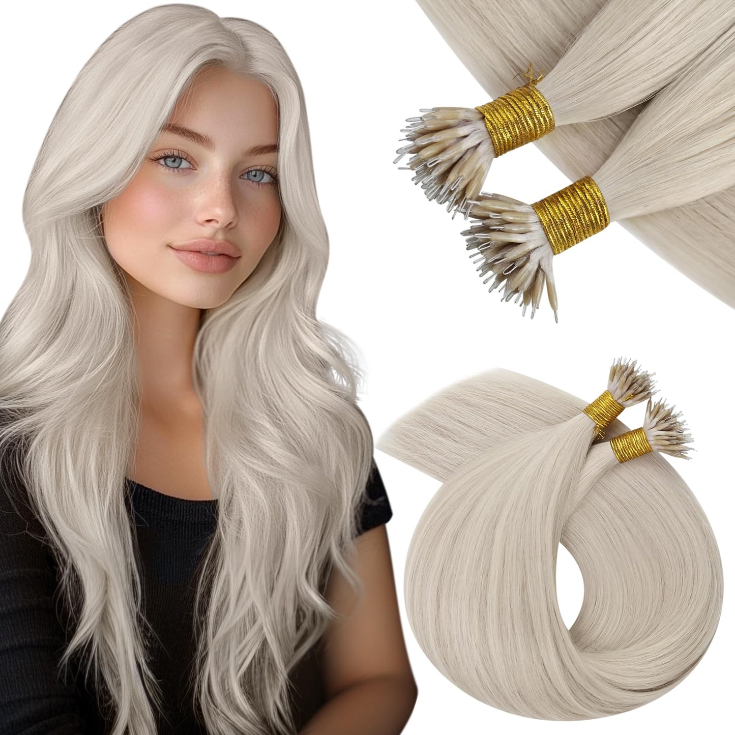 Vivien 20 Inch Nano Bead Hair Extensions Human Hair Nano Link Hair Extensions Real Human hair Platinum Blonde Invisible Straight Blonde Human Hair 50G/50S