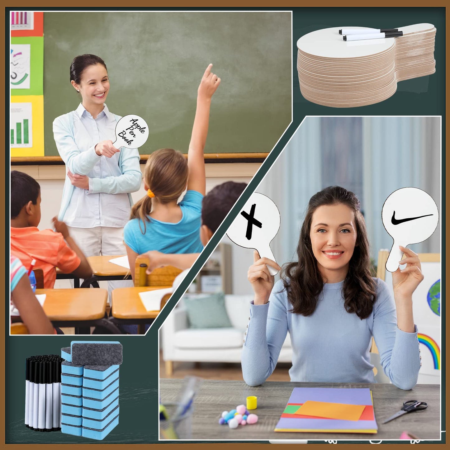 32 Pack Dry Erase Paddles White Answer Board Bulk Double Sided Board Plastic Handheld Paddle Set with Whiteboard Pens and Whiteboard Erasers for Students Classroom Voting Bidding Answering (Round)