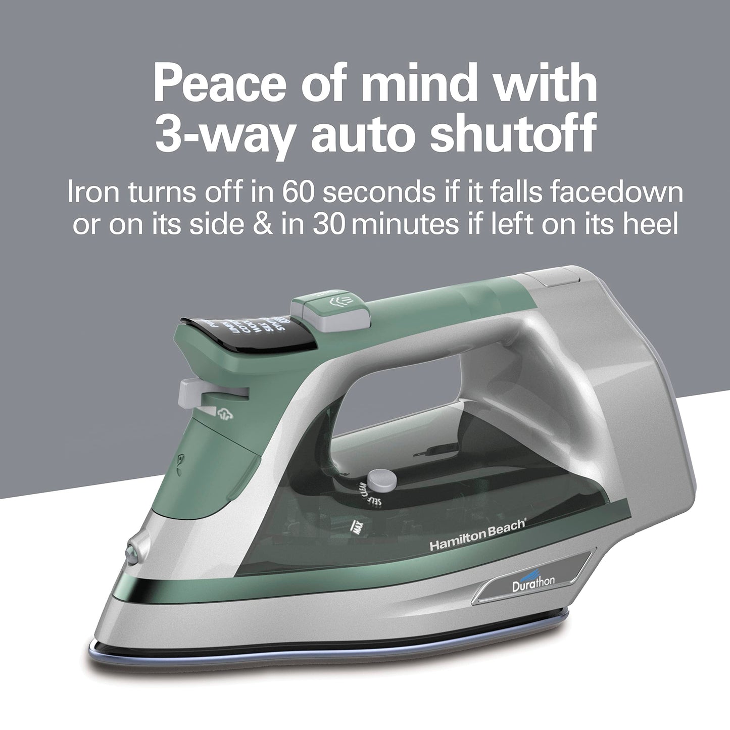 Hamilton Beach Steam Iron & Vertical Steamer for Clothes with Scratch-Resistant Durathon Soleplate, Digital Fabric Selector + 8’ Retractable Cord, 3-Way Auto Shutoff, Anti-Drip, 1800 Watts, Green