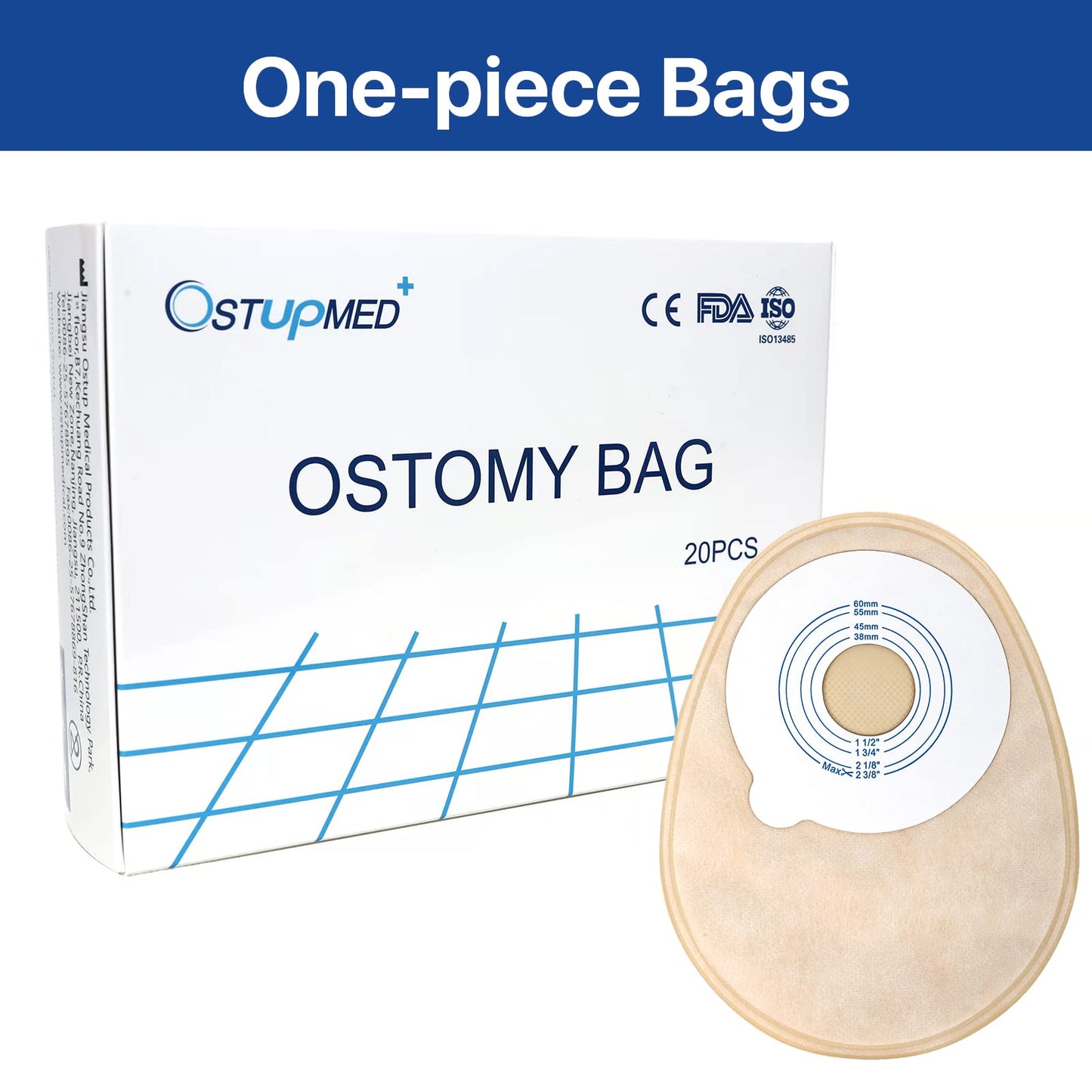 OSTUPMED 20Pcs Colostomy Bags One Piece Closed Ostomy Supplies Drainable Pouches for Ileostomy Stoma Care Cut-to-Fit 38-60MM (1 1/2" to 2 3/8")