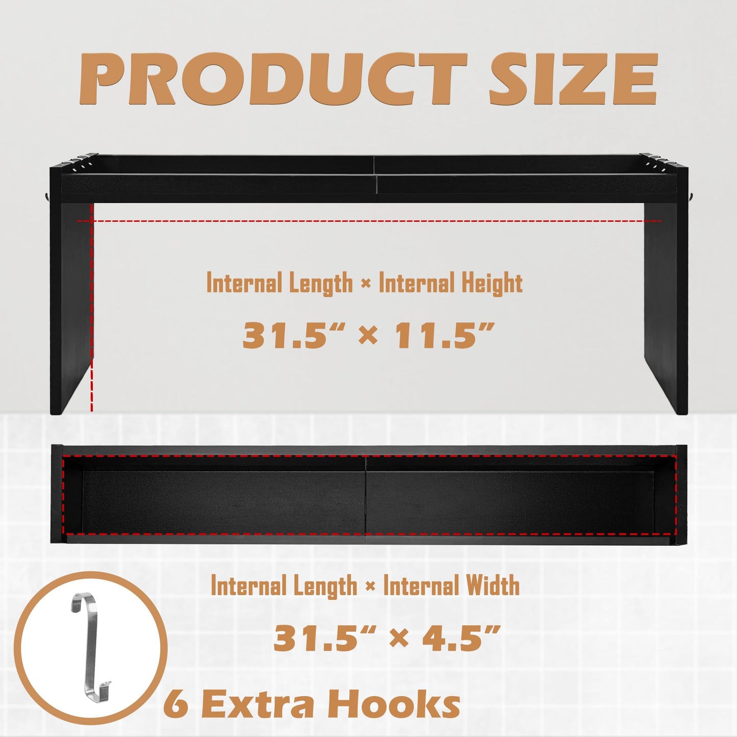 koretech Over The Stove Shelf, Wood Stove Top Shelf,31.5" Stove Top Organizer Shelves with 6 Hooks,11.5" Height Over Stove Spice Rack for Kitchen, Black