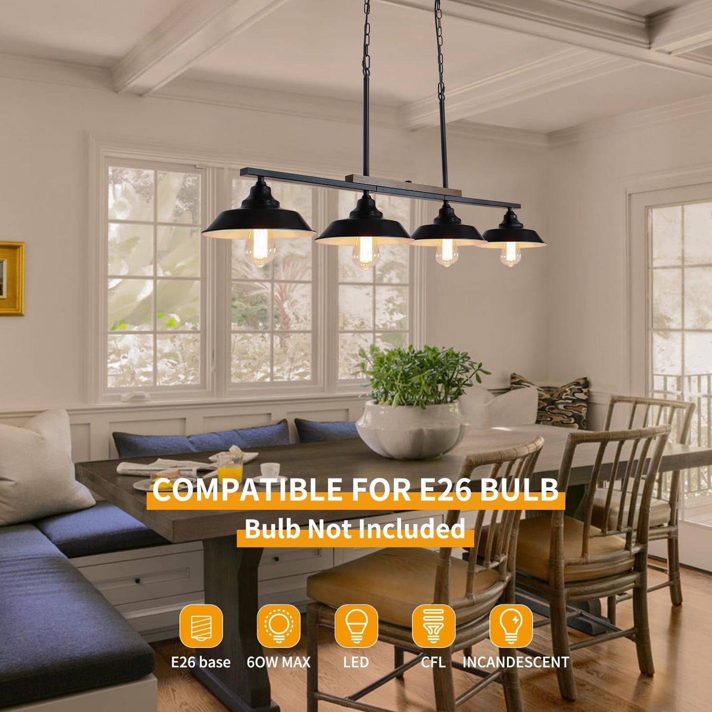 PUZHI HOME Kitchen Island Light, 4 Lights Black Pendant Dining Room Light Fixture Farmhouse Chandeliers for Dining Room Over Table Metal Hanging Lamp for Kitchen Island Hallway Pool Table
