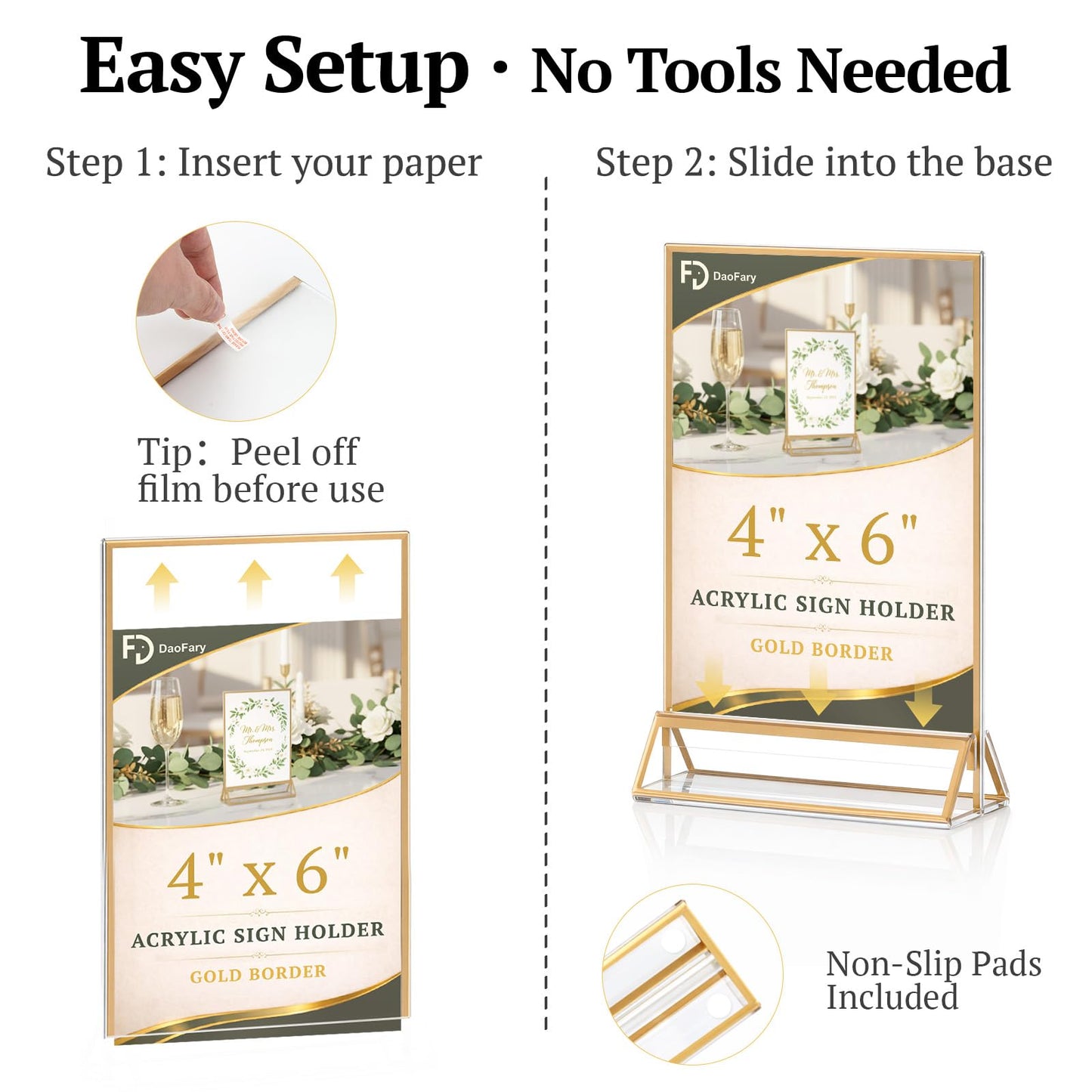 Daofary Acrylic Sign Holder 4x6, 14 Pack Double Sided Clear Gold Frame Tabletop Display, Menu Flyer Table Number Holder for Wedding Reception and Restaurant Tables