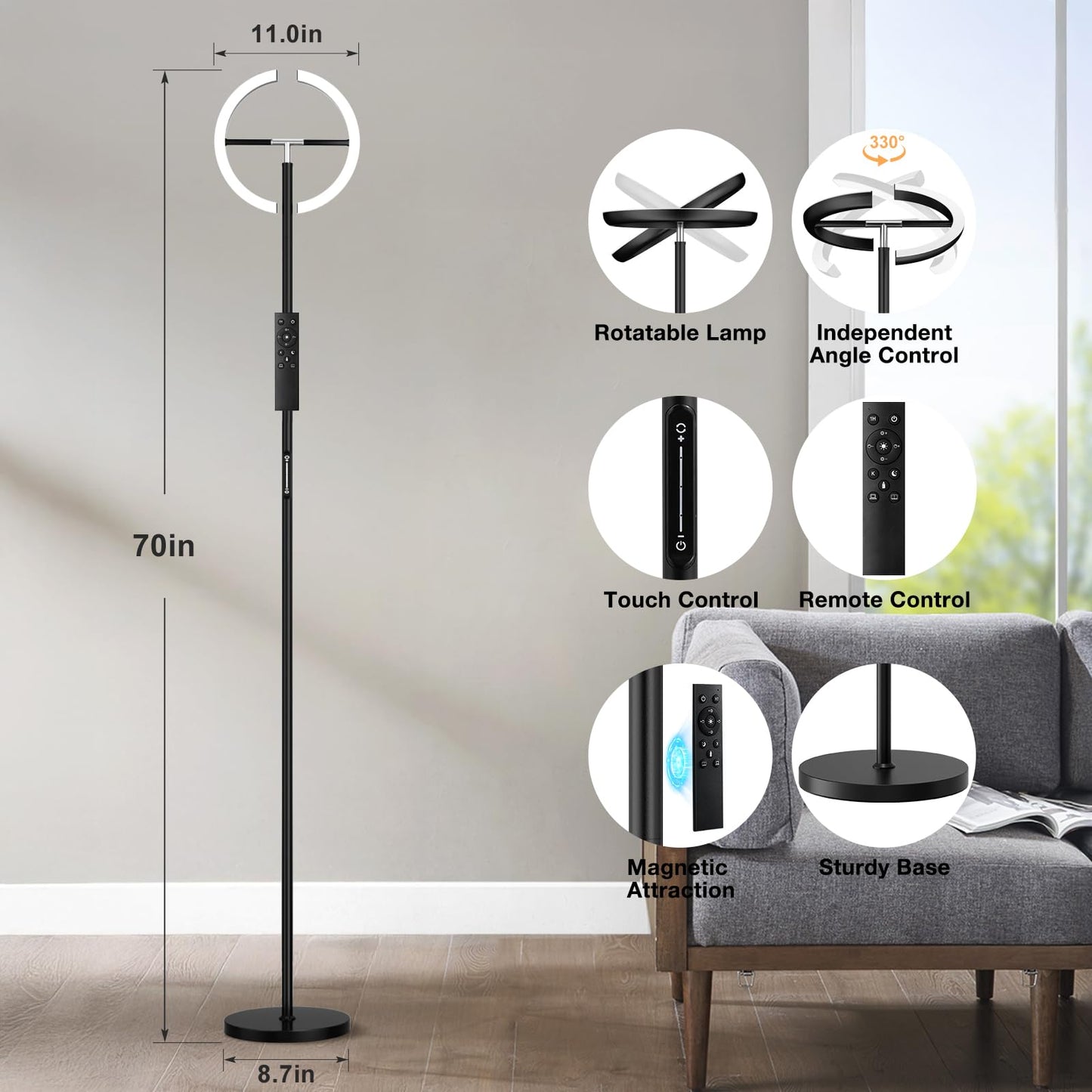 PreeOtti Floor Lamps for Living Room, 40W/2400LM Rotatable LED Floor Lamp with Touch & Remote Control, 70" Tall Standing Lamp Stepless Dimmable, Modern Torchiere Corner Lamp for Bedroom, Office