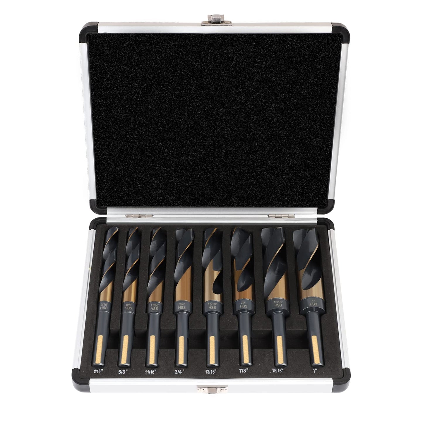 COMOWARE Reduced Shank Drill Bit Set- 1/2” Silver and Deming Large Drill Bit, 8 pcs HSS M2 Black and Gold Oxide Finish, 135 Degree Split Point, Ideal for Smooth Drilling, with Storage case