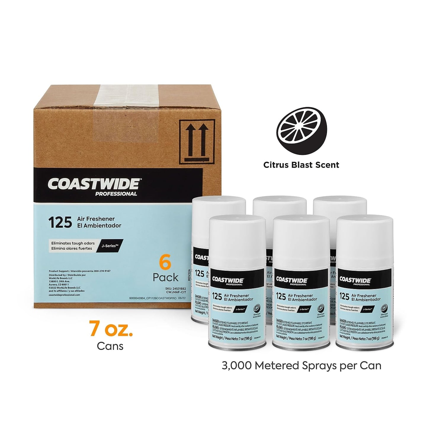 Coastwide Professional Aerosol Air Freshener Refill, Citrus Blast Scent, 7 Oz., 6/Carton