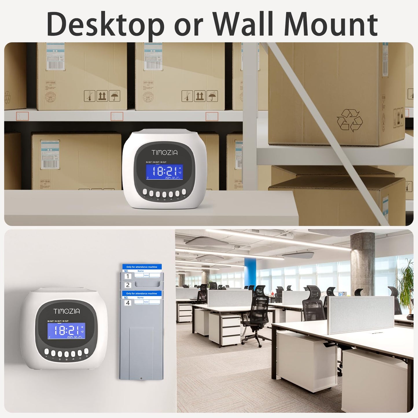 TIMOZIA Time Clocks for Employees Small Business, Auto-Align Time Clock, 6 Punches per Day Time Machine, Clock in Machine for Employees with Time Cards, 2 Ink Ribbons and White with 50 Cards