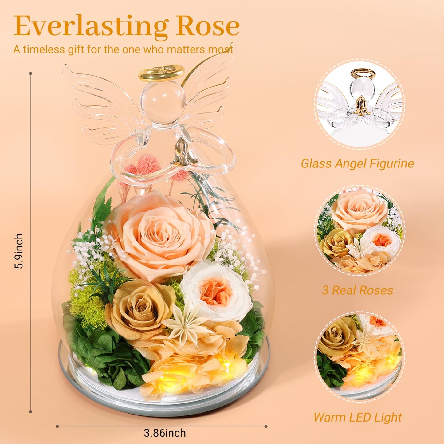 Bessol Gifts for Women Birthday Gifts for Mom Flowers for Delivery Fresh Eternal Preserved Rose Forever Flower in Glass Angel Figurines Gift Anniversary for Grandma Wife Sister Daughter Friends