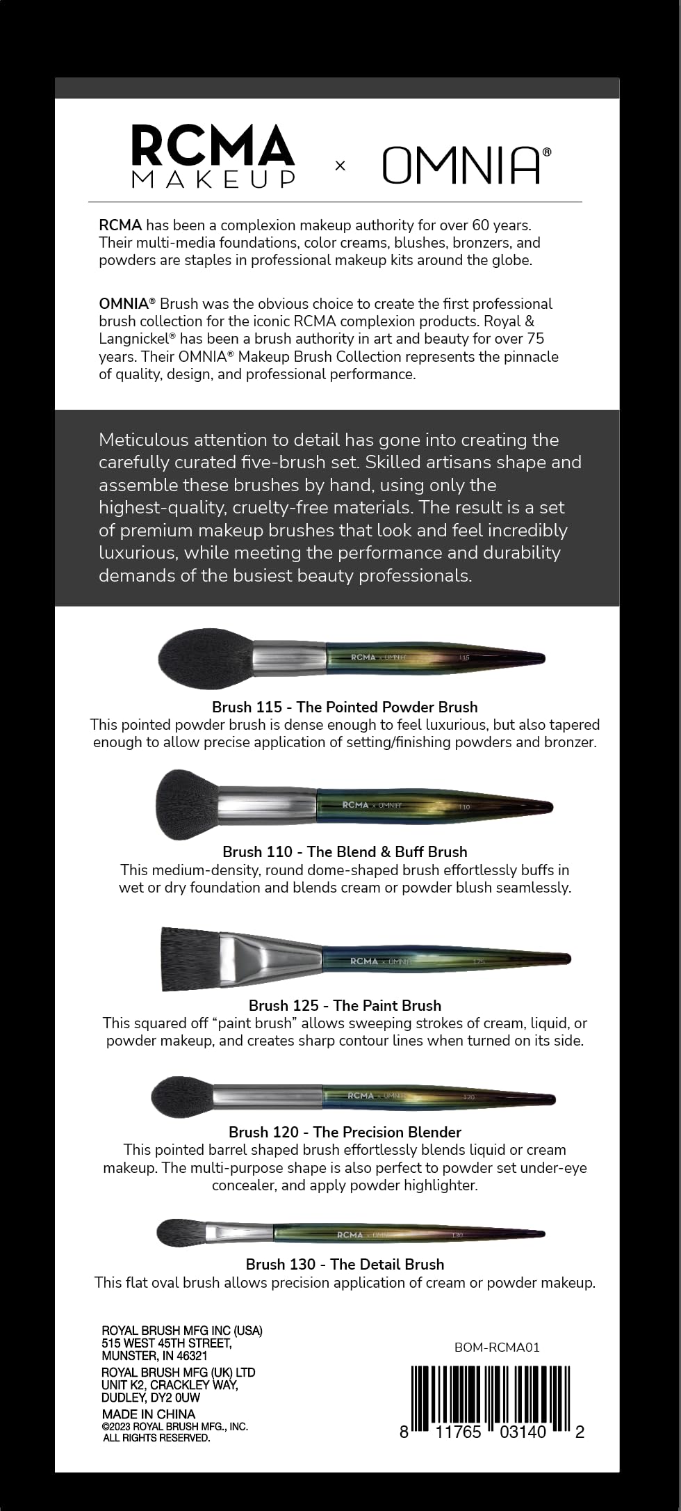 RCMA Makeup x Omnia Professional Brush Set 5pc | Premium | Synthetic Fibers | Iridescent Acrylic Handle | Face Powder, Complexion and Foundation Brushes