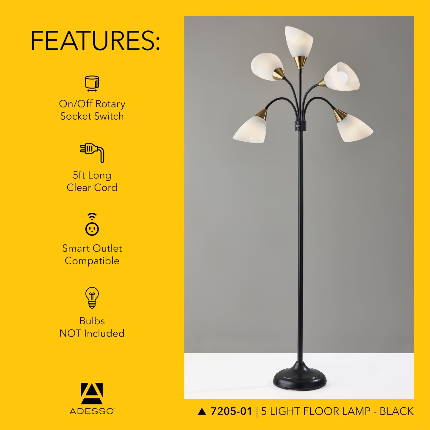 Adesso Floor Lamp with 5 Movable Shades & Adjustable Brightness – Perfect Lighting for Bedroom Decor, Beauty & Art Studio, Black