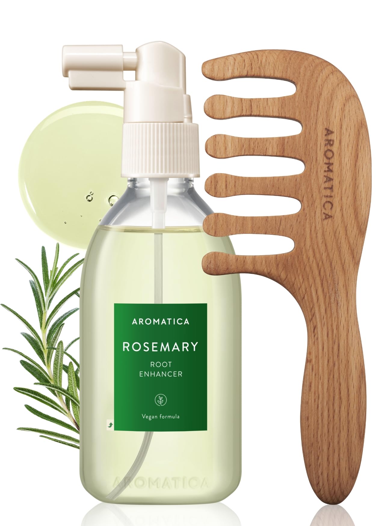 AROMATICA Rosemary Root Enhancer & Wooden Scalp Massager Set - Hair Scalp Massager with Rosemary Water Scalp Serum for Hair Growth, hair care for women