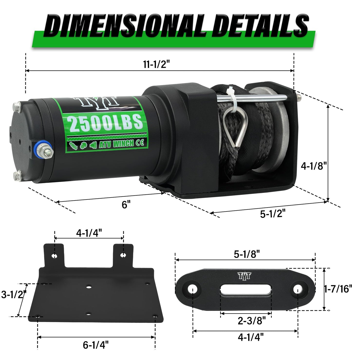 2500 lb ATV Electric Winch, 12V DC, Heavy Duty Synthetic Winch Rope 1/5" x 32FT, Wired Remote Control, Includes Fairlead, Winch Mounting Plate, Ideal for Off-Road, ATV, UTV, Boat Towing Off Road