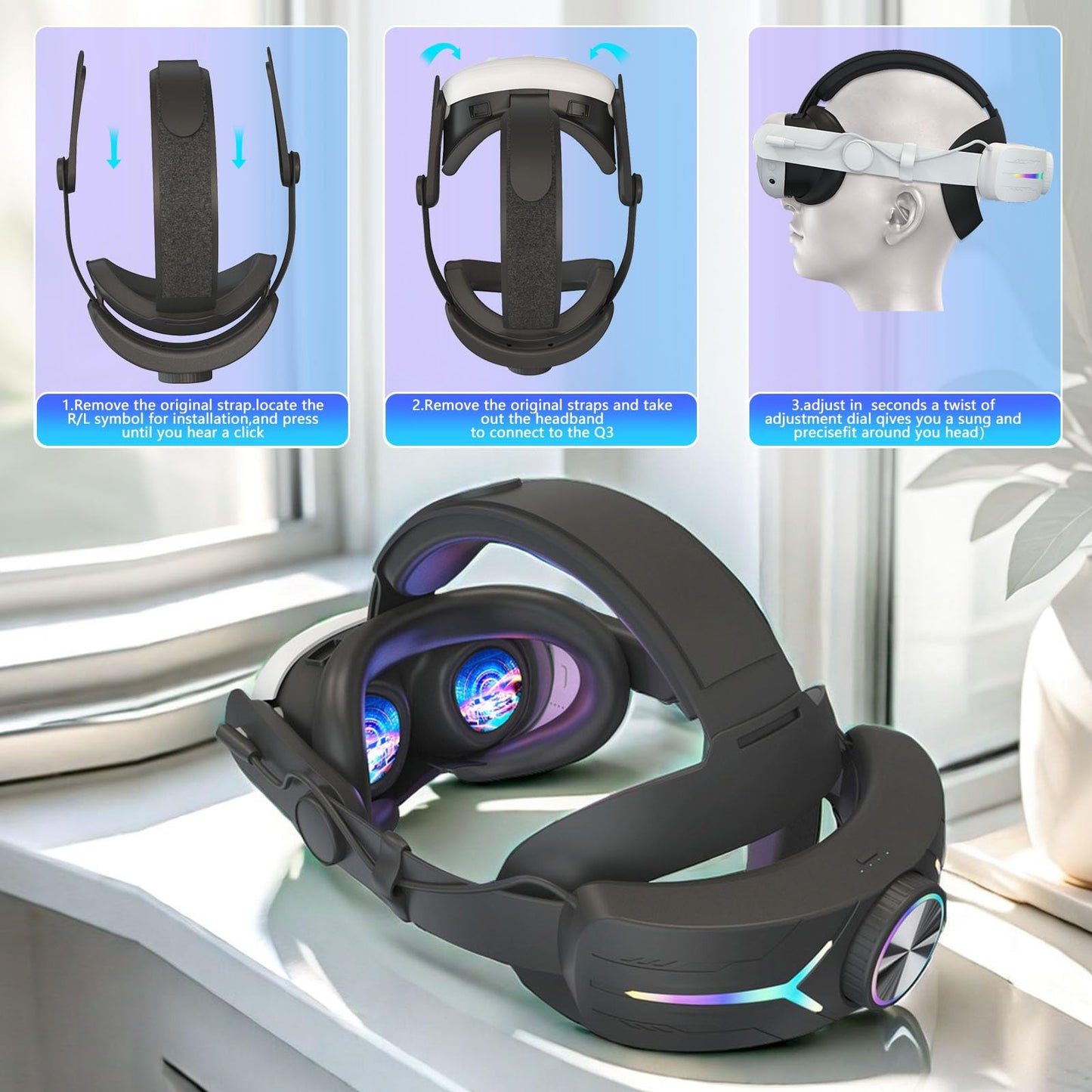 MLemonVR Comfortable Headset Accessory for Oculus/Meta Quest 3/3S,RGB Lights with Battery,Quick Charge for Extended Play, Removable Battery,Adjustable Elite (Black)