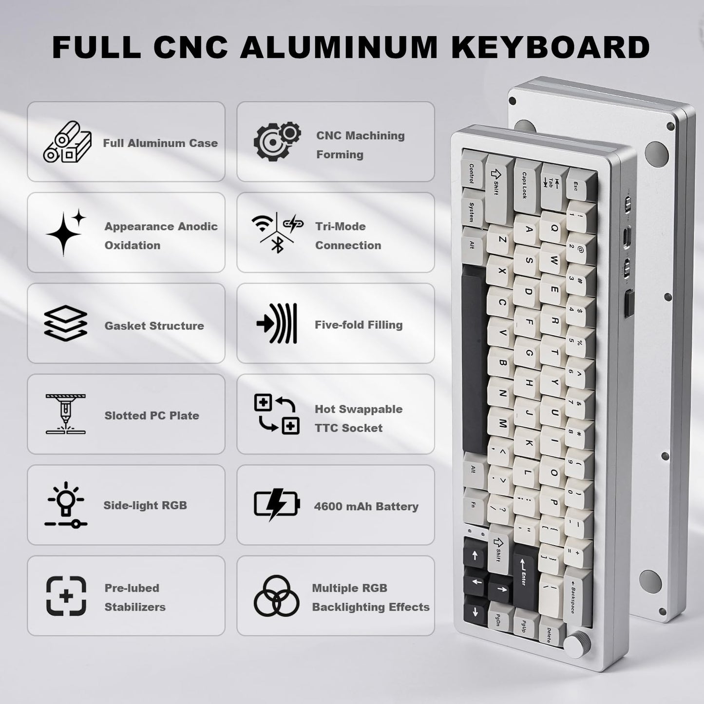 YUNZII AL66 Wireless Mechanical Keyboard,65% Knob Control Aluminum Gaming Keyboard BT/2.4G/Wired Hot Swappable Pre-lubed Switches, Gasket Mounted RGB Keyboard for Win/Mac(Milk Switch, Silver)
