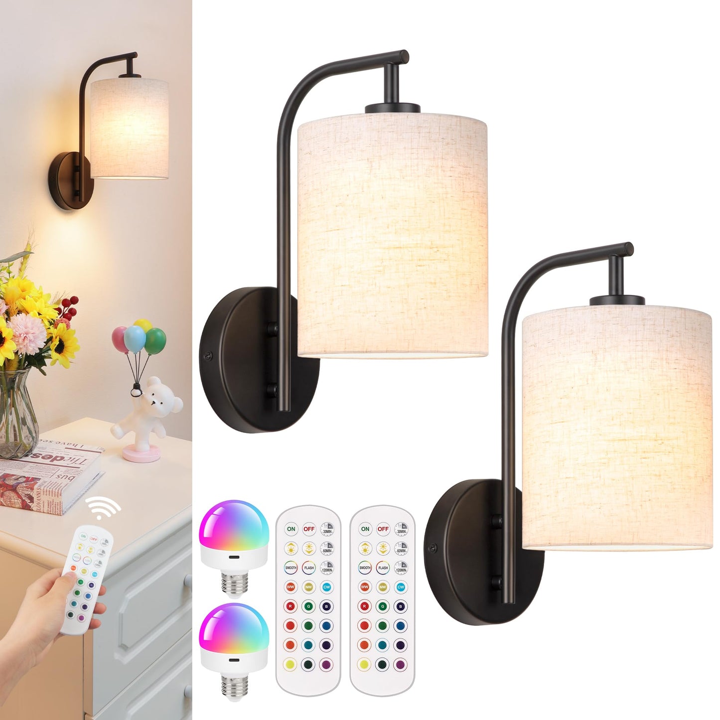 MATAMEYE Battery Operated Wall Sconce Set of 2, Black Rechargeable Wireless Wall Light Fixture with Remote, 12 RGB Colors & Timer, Indoor Dimmable Wall Lamp with Linen Shade