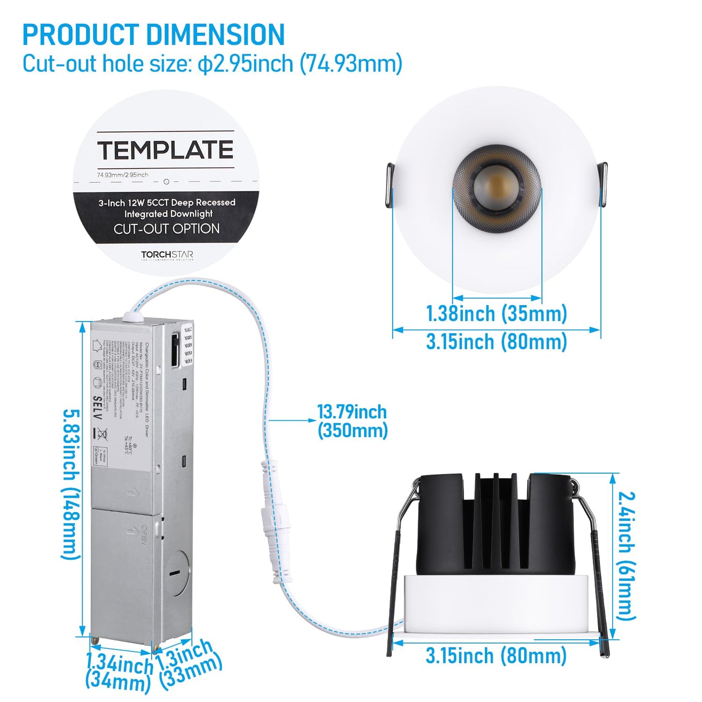 TORCHSTAR 5CCT Trimless 3 Inch LED Recessed Light, 12W 3 Inch Canless Dimmable LED Downlights with Junction Box, Curve Recessed Downlight, 2700K/3000K/4000K/4500K/6500K Selectable, CRI 90, Pack of 2