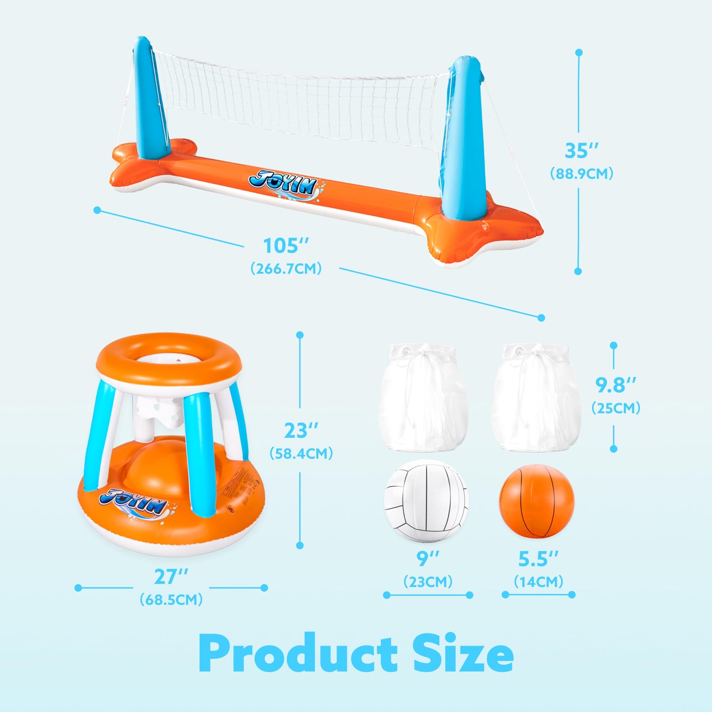 JOYIN Inflatable Pool Float Set Volleyball Net & Basketball Hoops; Balls Included for Kids and Adults Swimming Game Toy, Floating, Summer Floaties
