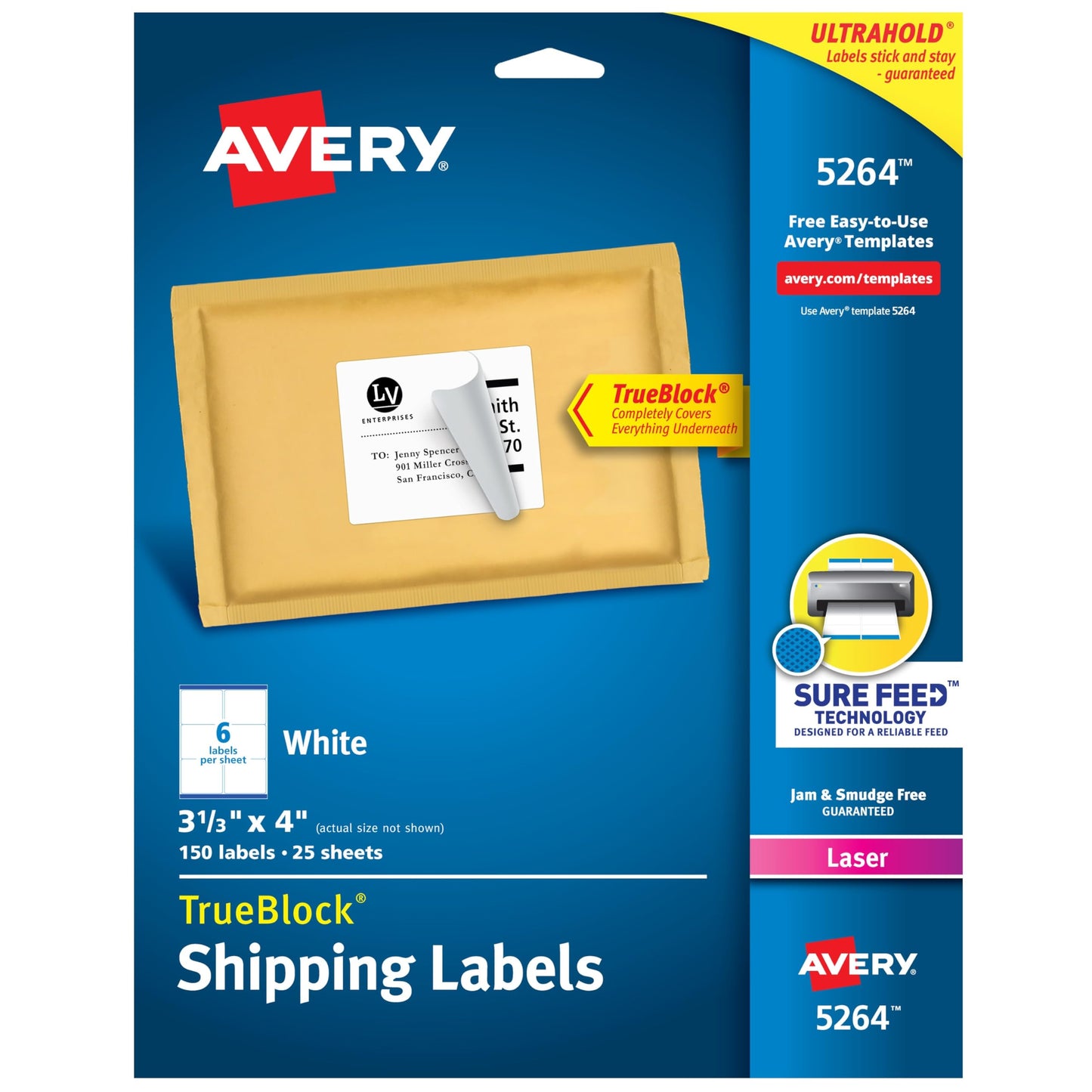 Avery Shipping Address Labels,Laser Printers,150 Labels, 3-1/3x4, Permanent Adhesive, TrueBlock,5 Packs (5264)