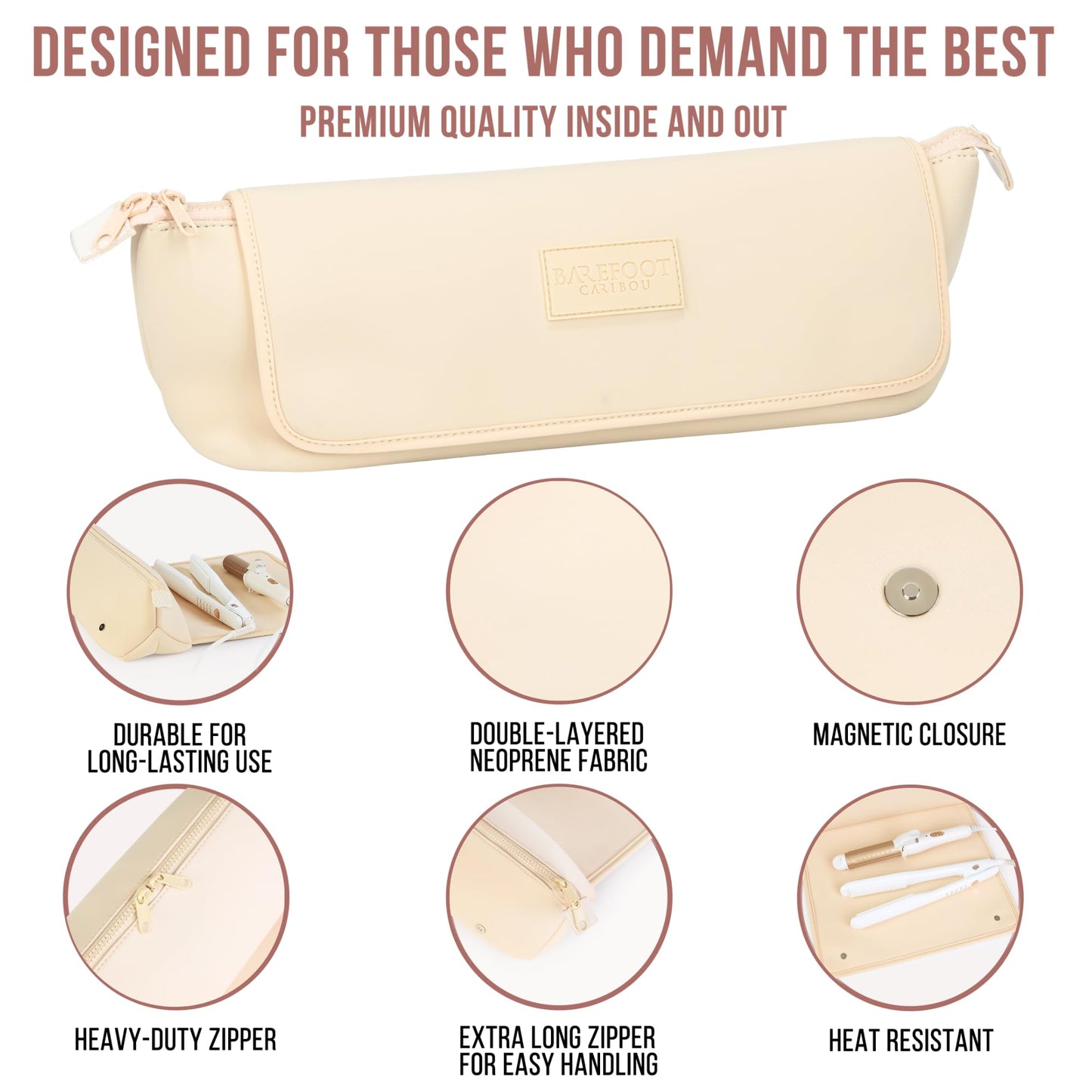 BAREFOOT CARIBOU Hair Tools Travel Bag and Heat Resistant Mat for Flat Irons, Straighteners, Curling Iron, and Haircare Accessories, 2-in-1 design, with Interior Pockets, Portable Organizer (Ivory)