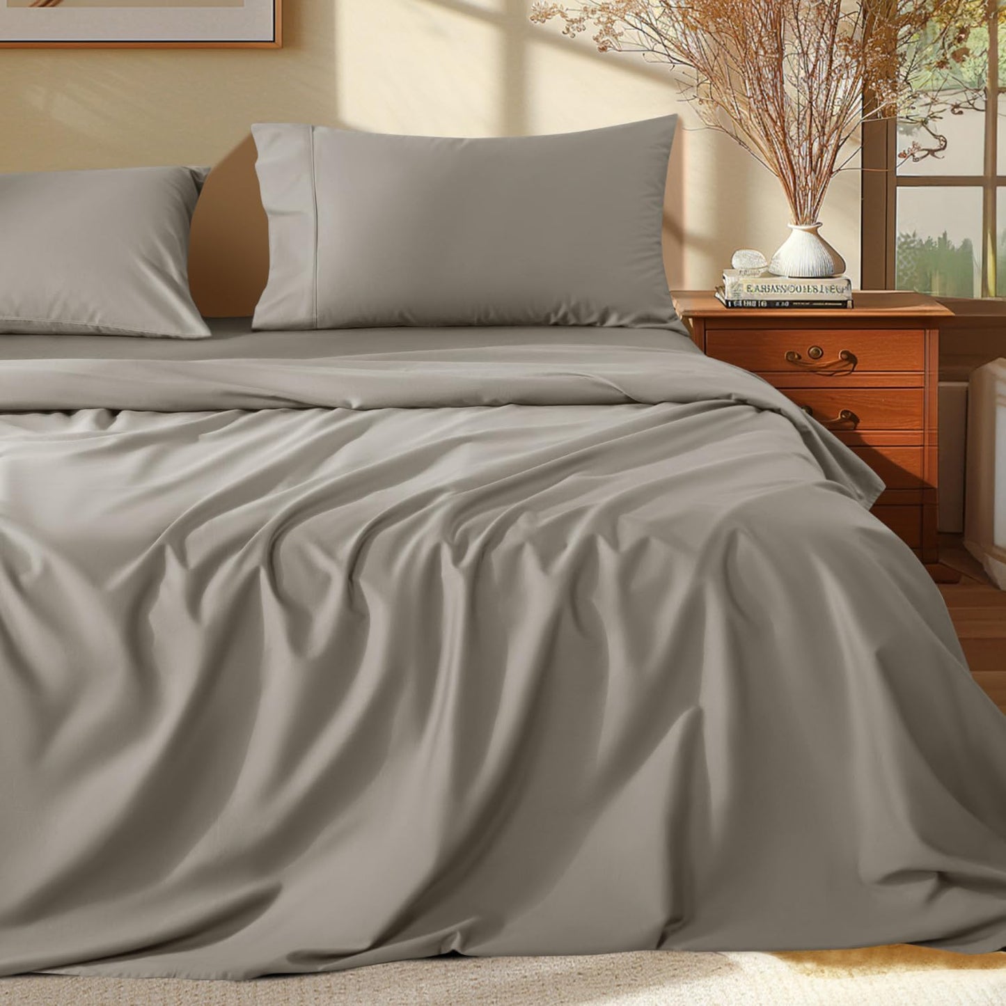 Shilucheng 100% Egyptian Cotton Queen Size Sheets Set - 1000 Thread Count，Luxury Cotton Bed Sheets，Breathable & Cooling Bedding and Pillow Cases, 16 Inch Deep Pocket - 4 Piece (Taupe, Queen)