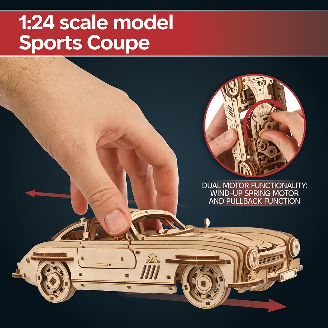 UGEARS Winged Sports Coupe Model Car Kit - 3D Wooden Puzzle Car –Model Kit for Adults to Build - DIY Wooden Car Model Kit with Authentic Gull-Wing Design Car Model