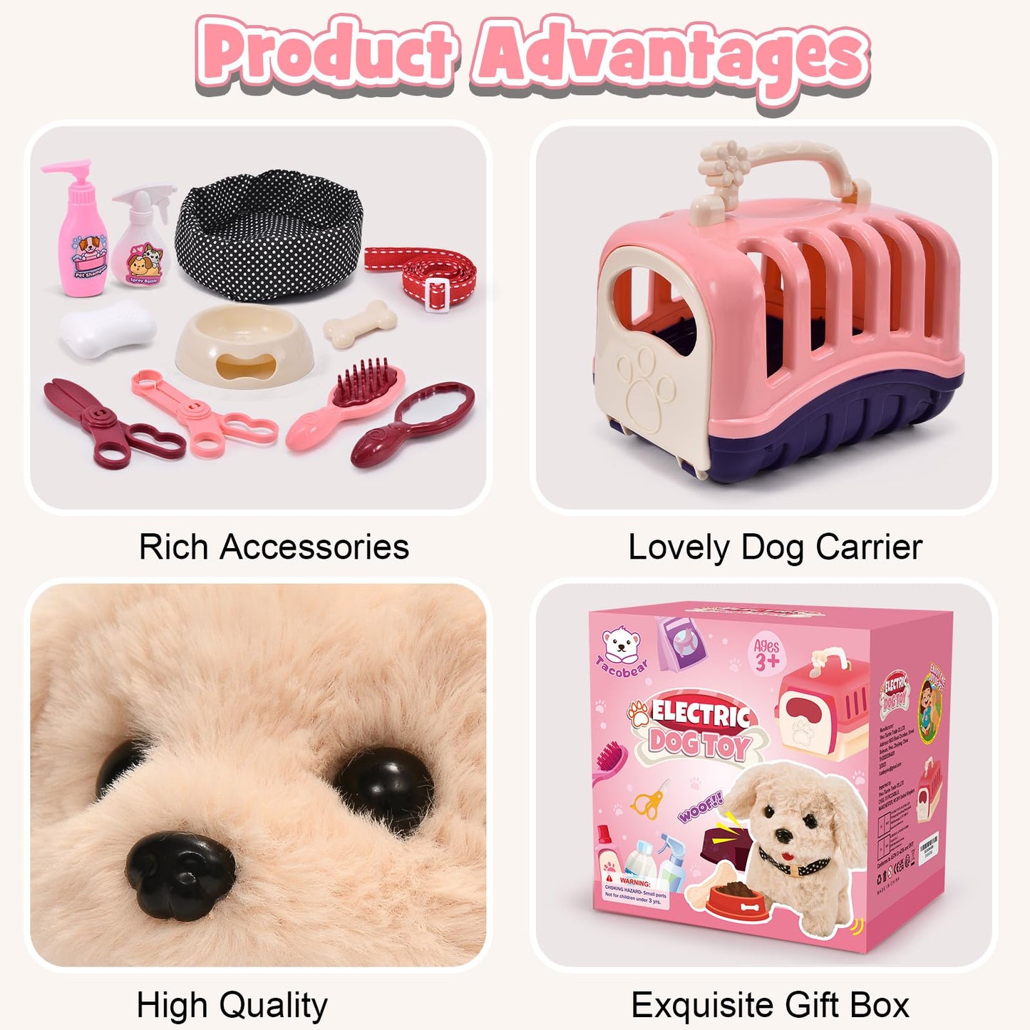 G.C 13Pcs Pretend Play Dog Toys for Kids Girls Toddlers 3 4 5 6, Electronic Interactive Walking Barking Plush Toy Dog Realistic Puppy with Carrier & Accessories Pet Care Playset Gifts for Little Girls