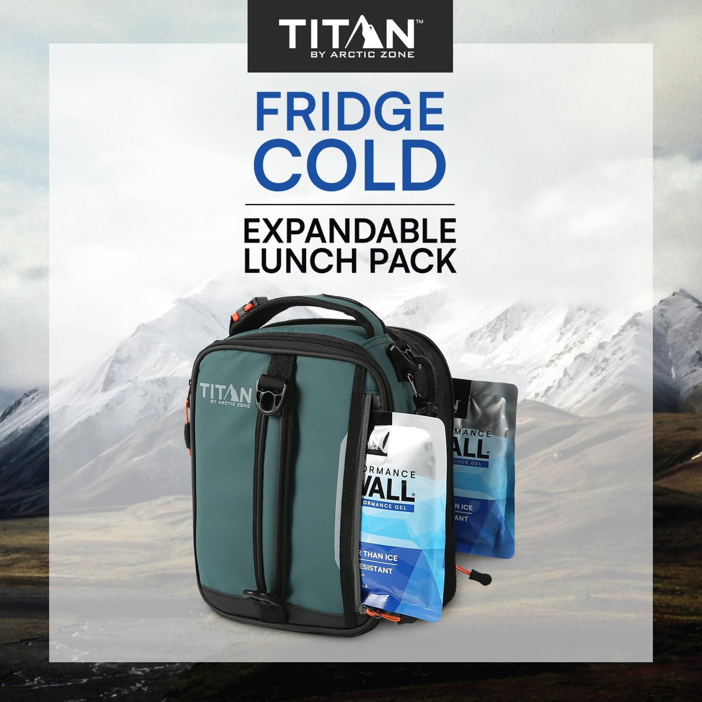 Titan by Arctic Zone Expandable Lunch Box with 2 Gel Ice Packs, Fridge Cold Insulated Cooler Bag with Leak Proof Lining for Men and Women, Jungle Hunt