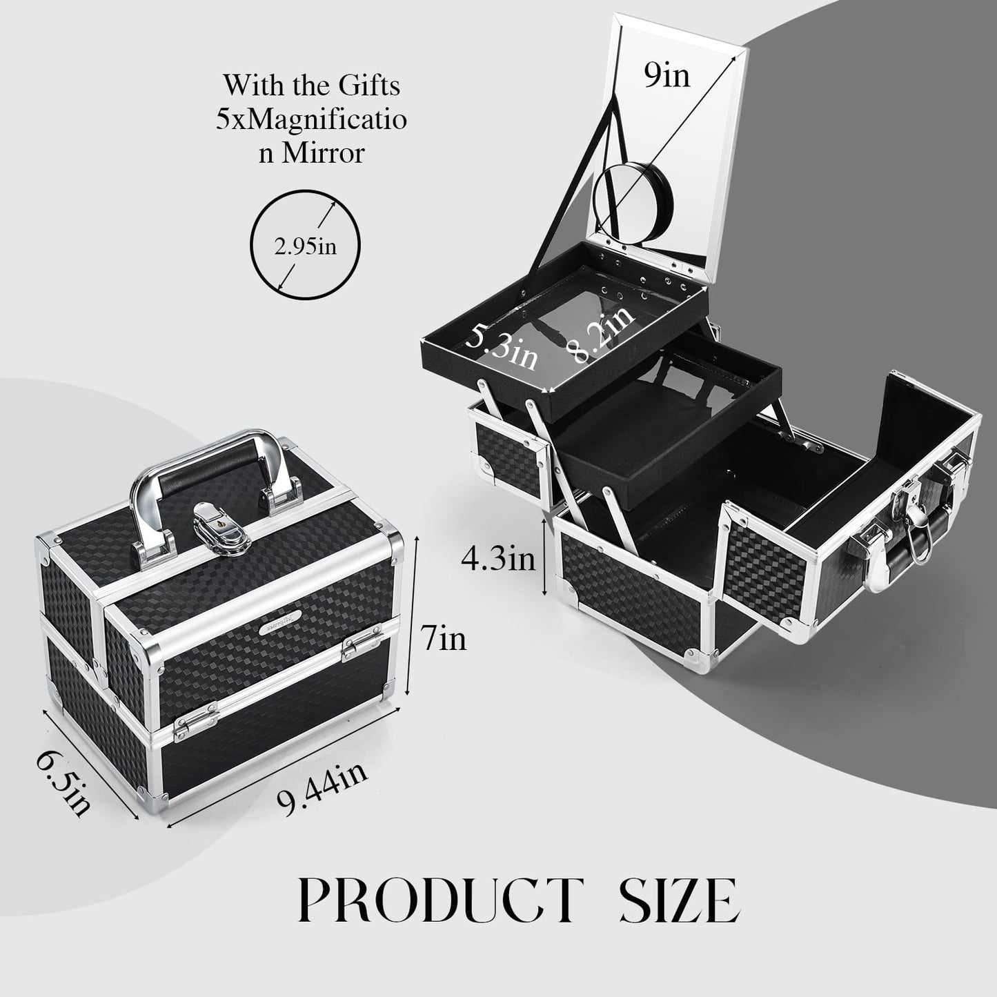 Joligrace Makeup Box Cosmetic Train Case Jewelry Organizer Box - 2 Trays Key Lock Portable Carrying with Mirror Travel Storage Modern Style Black