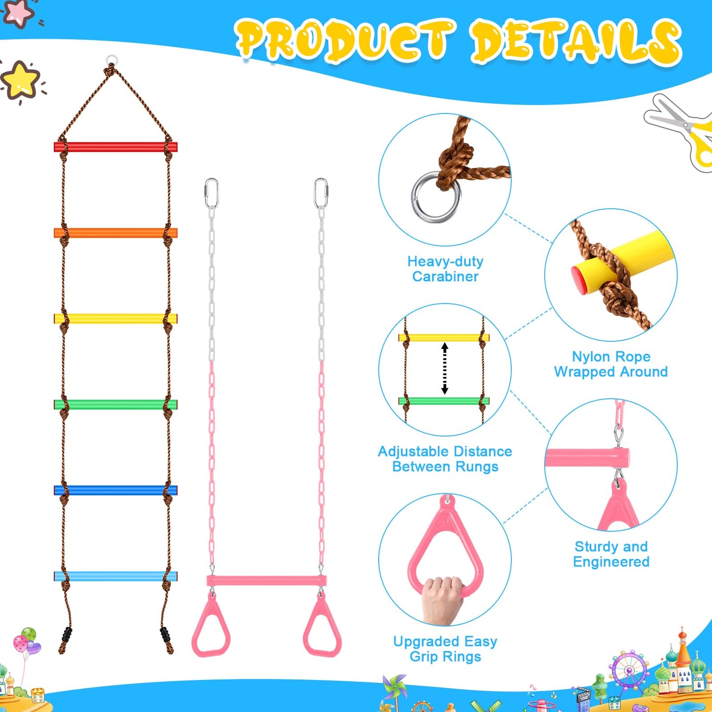ShinyRelief 2 Pack Gym Swing Sets 48'' Trapeze Swing Bar Monkey Bar Heavy Duty Chain with Locking 6.8ft Climbing Rope Ladder Climbing Game for Accessories Tree House Playground Outdoor Play (Pink)