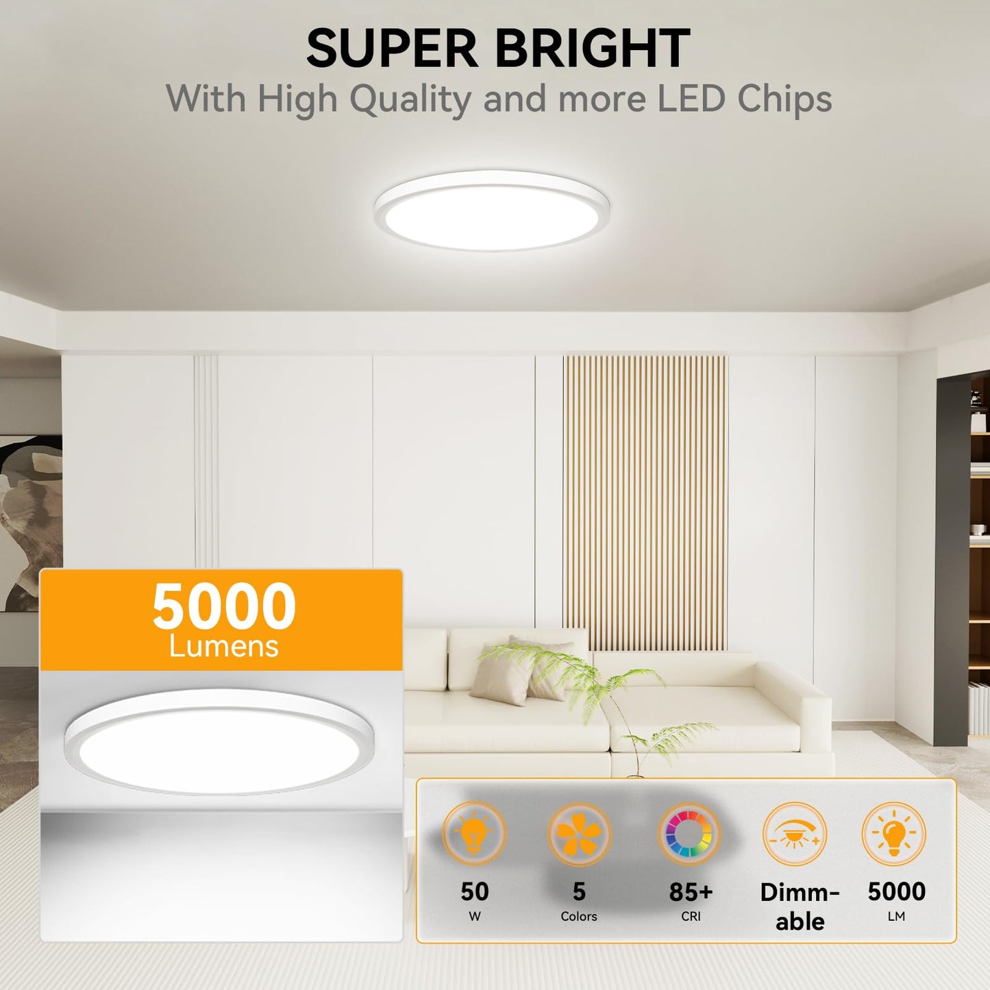 WKONCLDY 5CCT 3000k//3500k/4500k//5000k/6000k Selectable, Dimmable Led Flush Mount Ceiling Light, 20 Inch 5000LM Round Modern Flat Panel,Super Slim for Living Dining Kitchen Bedroom Room