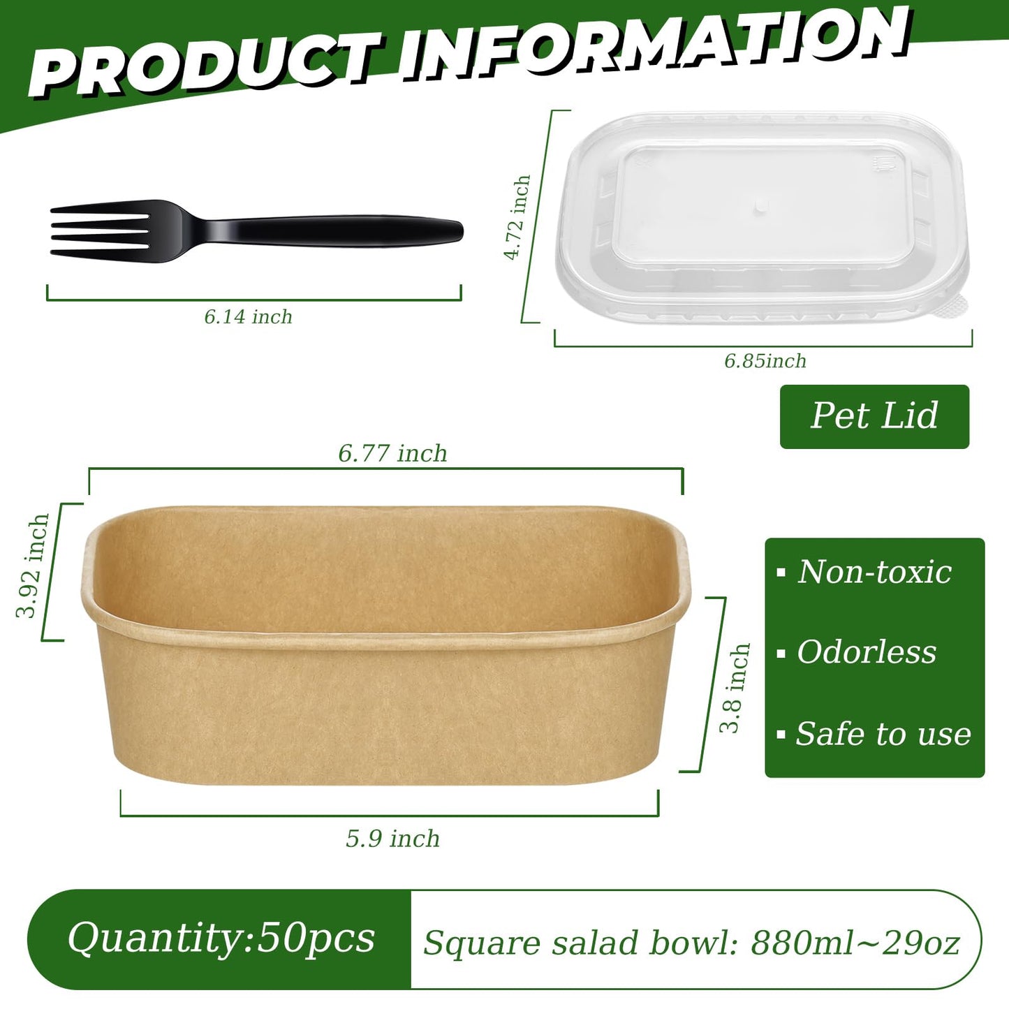 DI QIU REN 50-Pack 29oz Disposable Kraft Paper Bowls【with Lids and Forks】, Meal Prep Containers Disposable Large Paper Bowls Leakproof Take Out To Go Food Containers, Microwave Safe for Hot/Cold Food