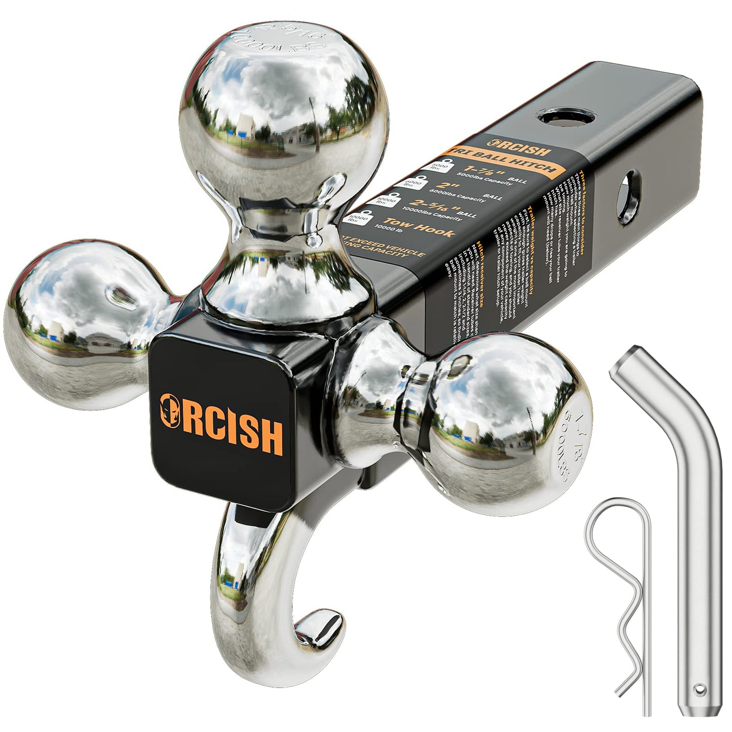 ORCISH Trailer Hitch Tri-Ball Mount with Tow Hook & Pin, Chrome Trailer Ball Sizes 1-7/8", 2" & 2-5/16", Fit 2 Inch Hitch Receiver, 10,000 LBS Max Towing Capacity for RVs, SUVs, ATVs & Trucks