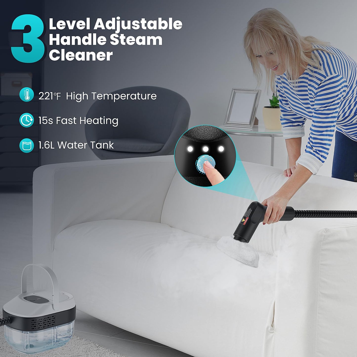 Handheld Steam Cleaner for Home, 2500W High Pressure Steamer, 15s Fast Heat-Up, 1.6L Tank, Portable Steam Cleaner for Car, Floor, Grout, Kitchen, Furniture & Bed Bugs