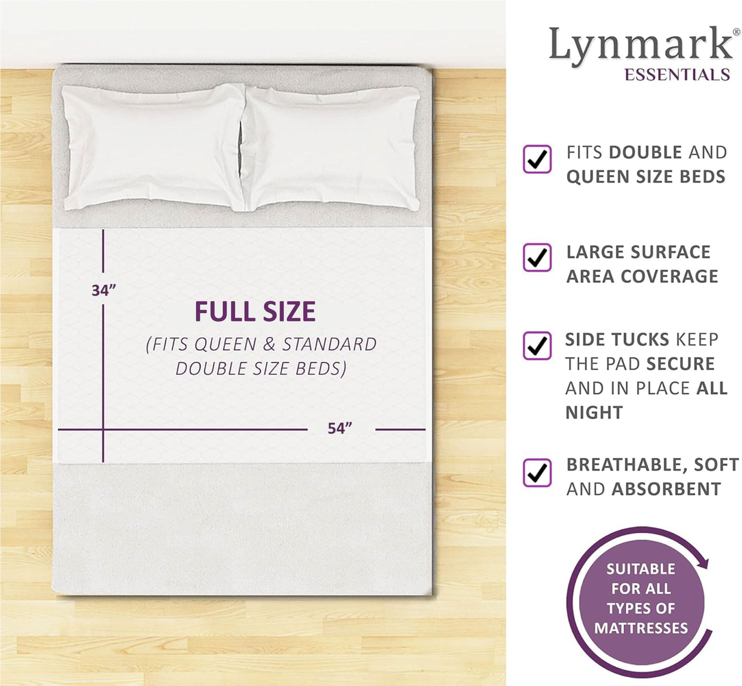 Lynmark® Washable Bed Pads 34"x54" Underpad with Extra Long Tucks and Heavy Absorbency, Reusable Cotton Enhanced Waterproof Mattress Protector Best for Incontinence & Bed Wetting, Pack of 2, Full