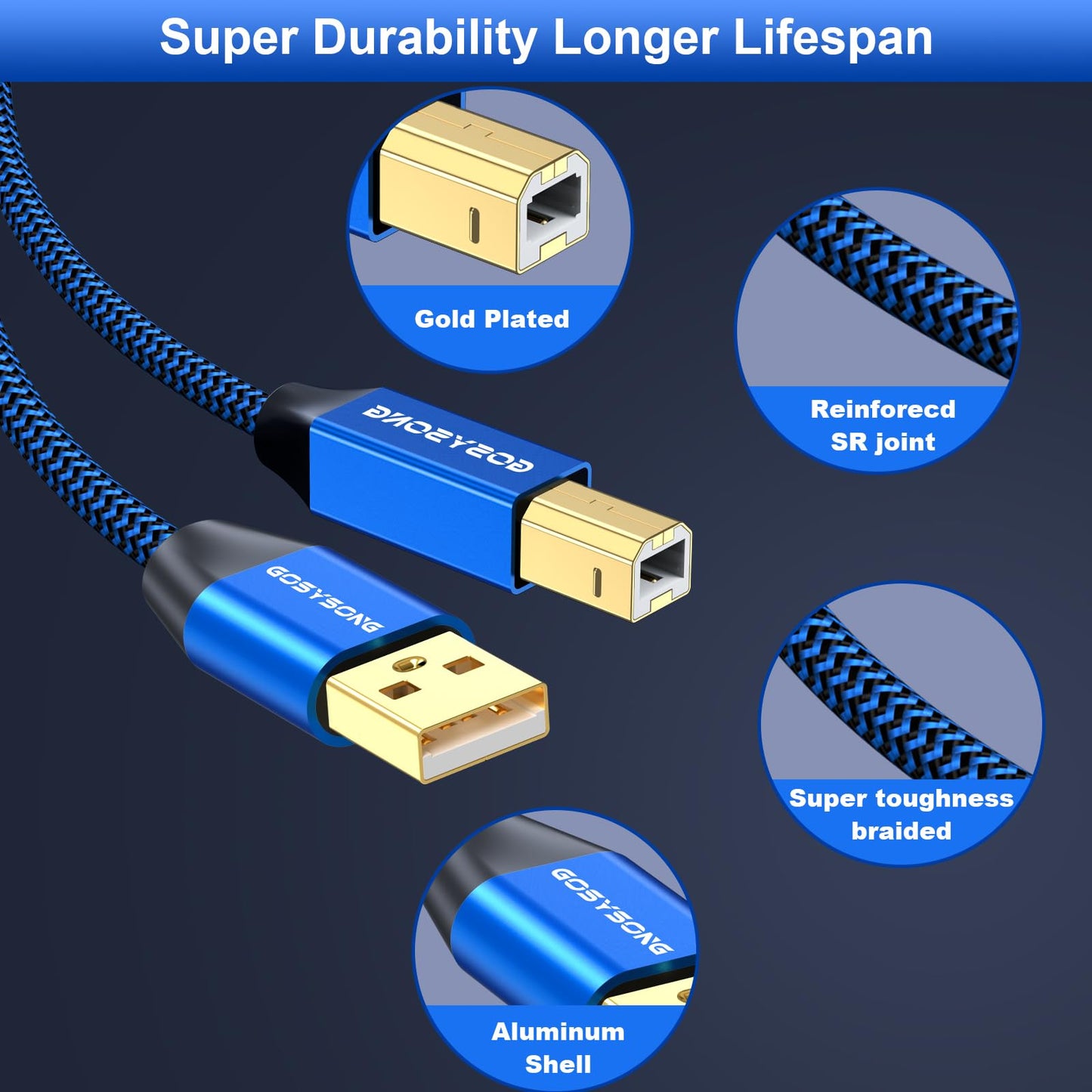 GOSYSONG 100ft Active USB 2.0 Cable, Type A to Type B, High Speed Printer Cable Compatible with HP, Canon, Dell, Epson, Xerox and More