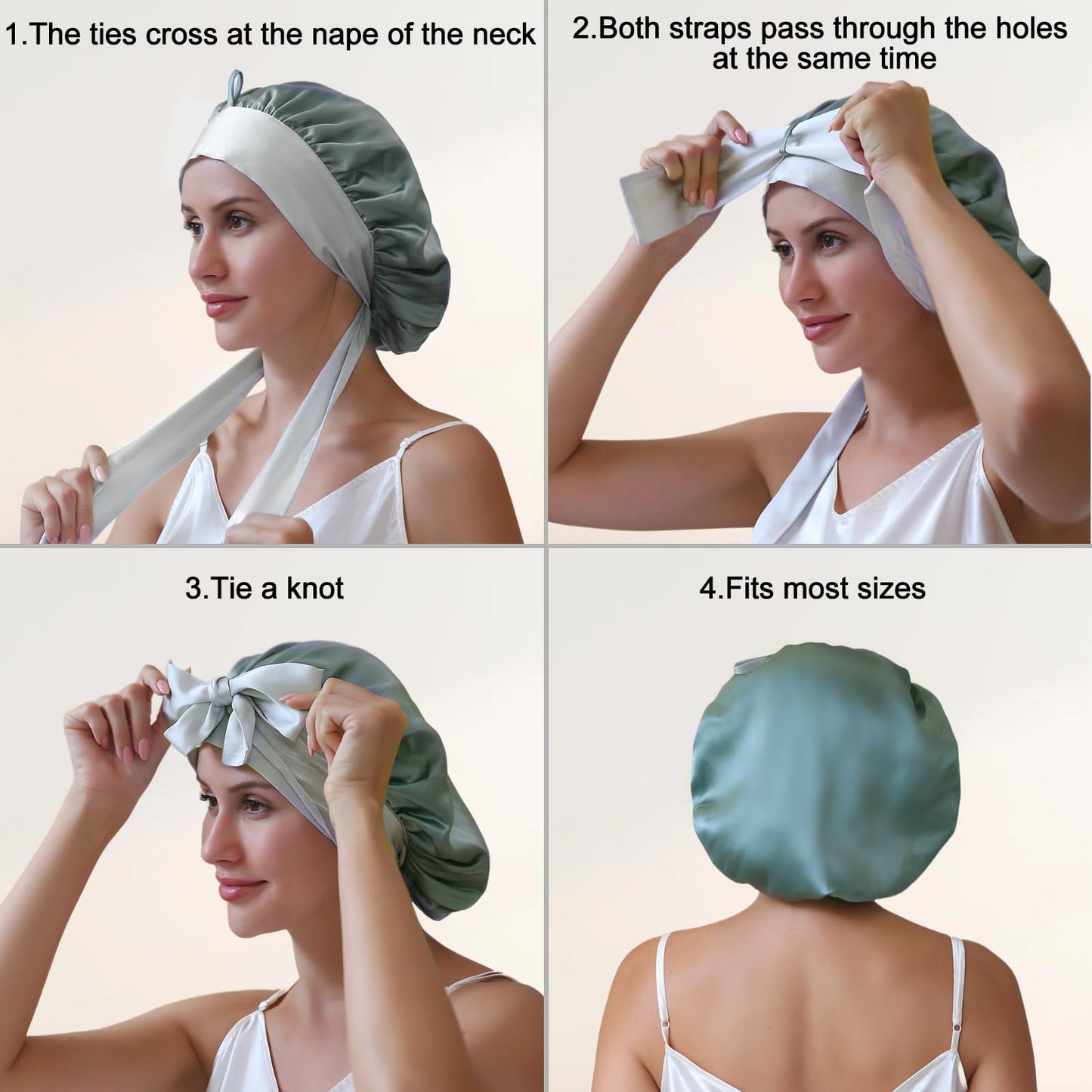 ZIMASILK 100% Mulberry Silk Bonnet for Sleeping Women Long Hair Double Layer Silk Hair Wrap with Silk Tie Band Natural Silk Cap for Hair Care Stay on Head (1Pc, Grayishgreen + Lightgrey)
