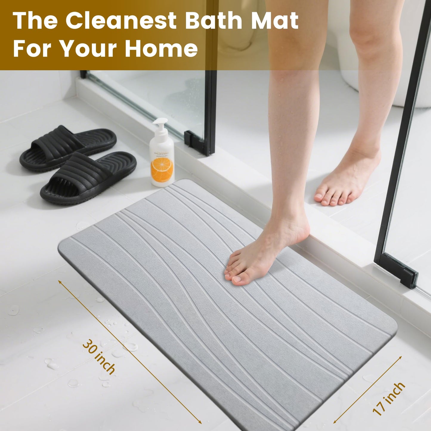 Extra Large Stone Bath Mat, 30'' x 17'' Diatomaceous Earth Non-Slip Stone Shower Mat, Super Absorbent Diatomite Stone Mats for Bathroom Light Gray XL Flow